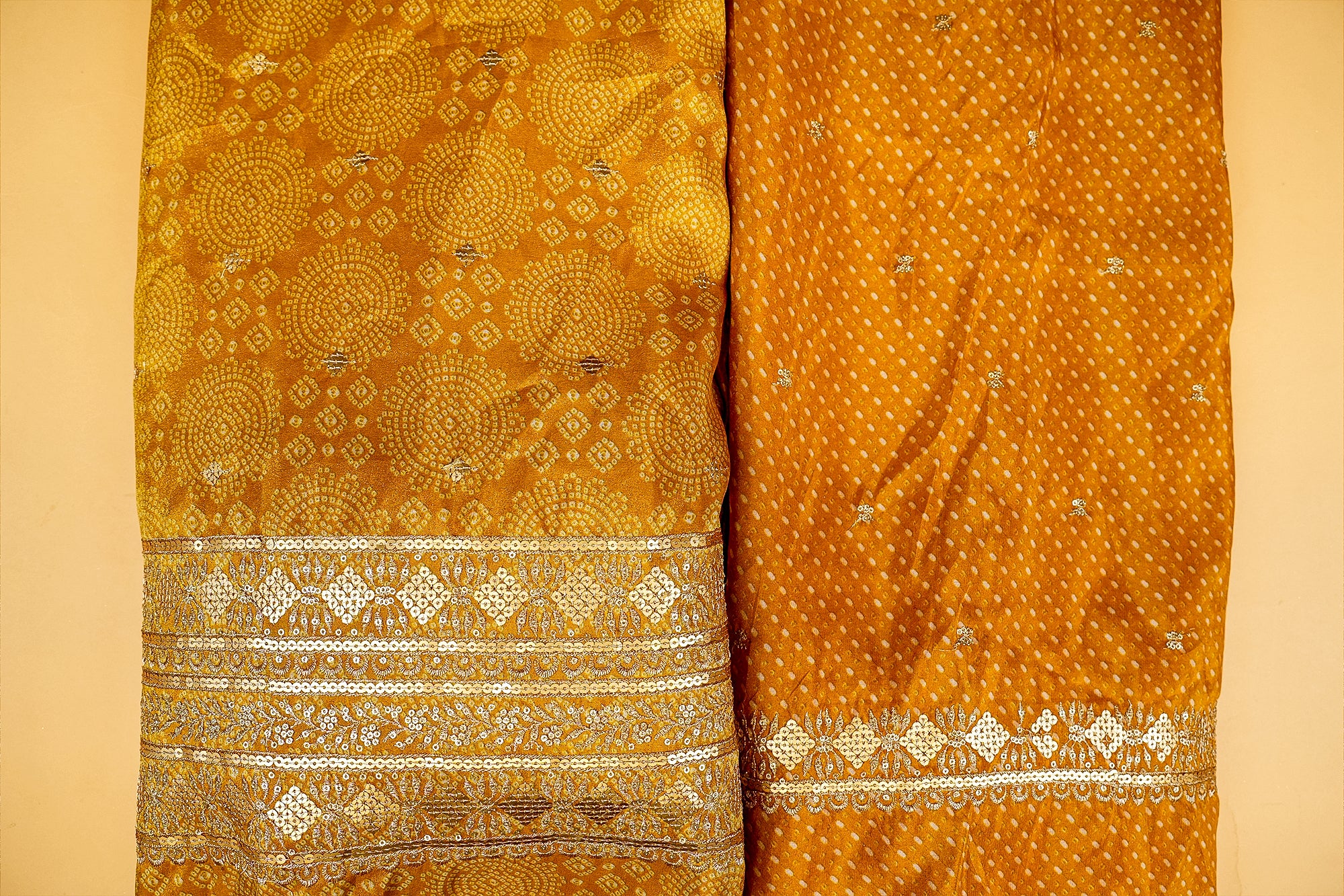 Mustard yellow Dupatta Fabric Bandhani Glow with Golden Sequins and Zari Work