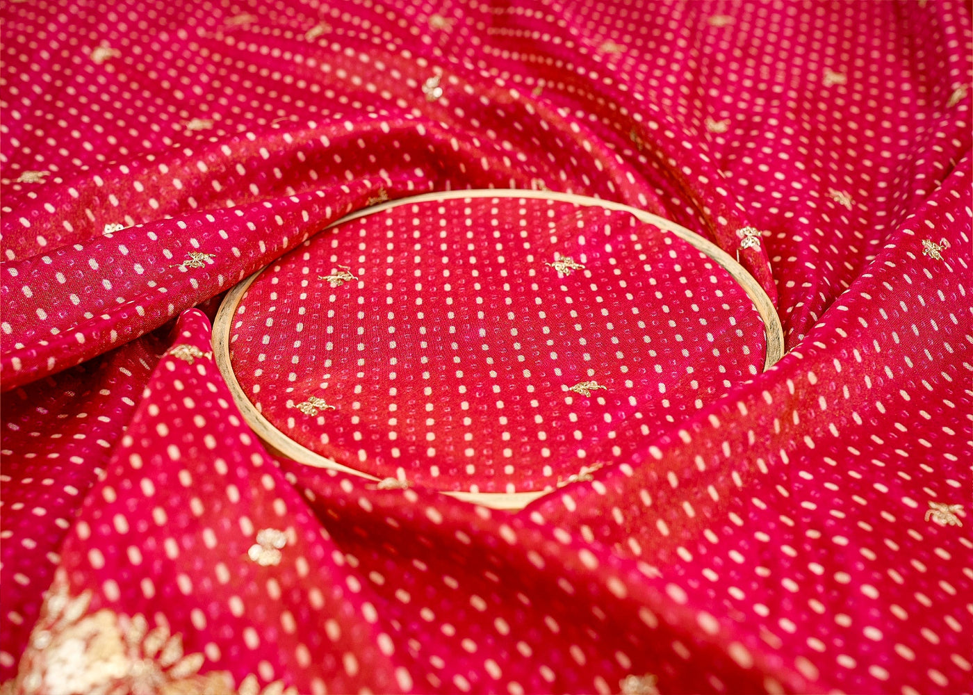 Pink Tissue Dupatta Fabric Bandhani Glow with Golden Sequins and Zari Work