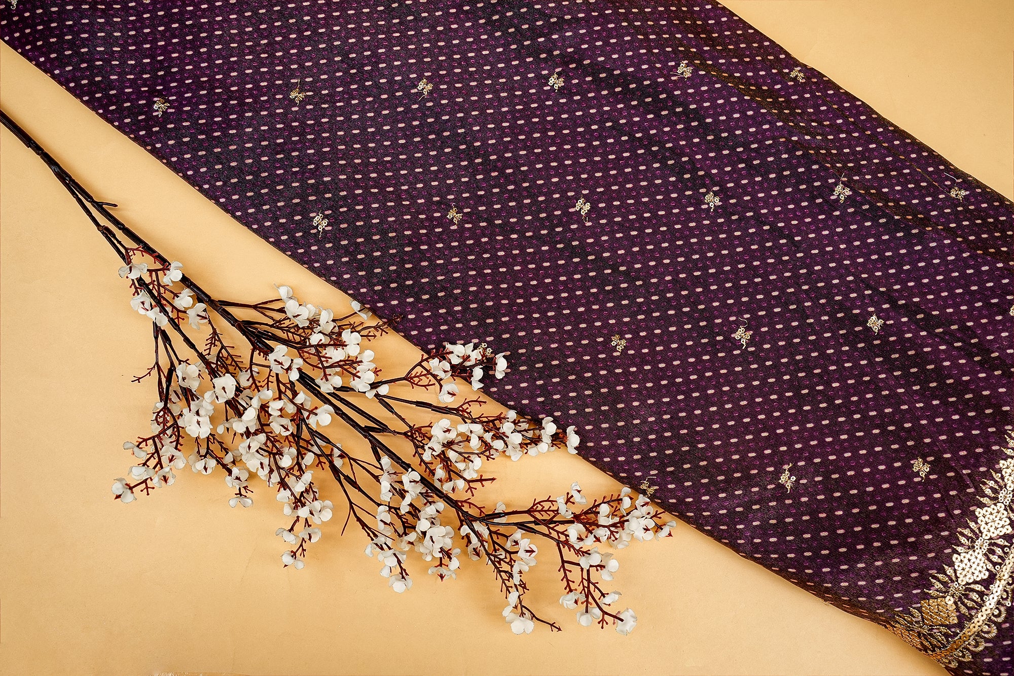 Dark Purple Dupatta Fabric Bandhani Glow with Golden Sequins and Zari Work - Paras Gallery Fabrics