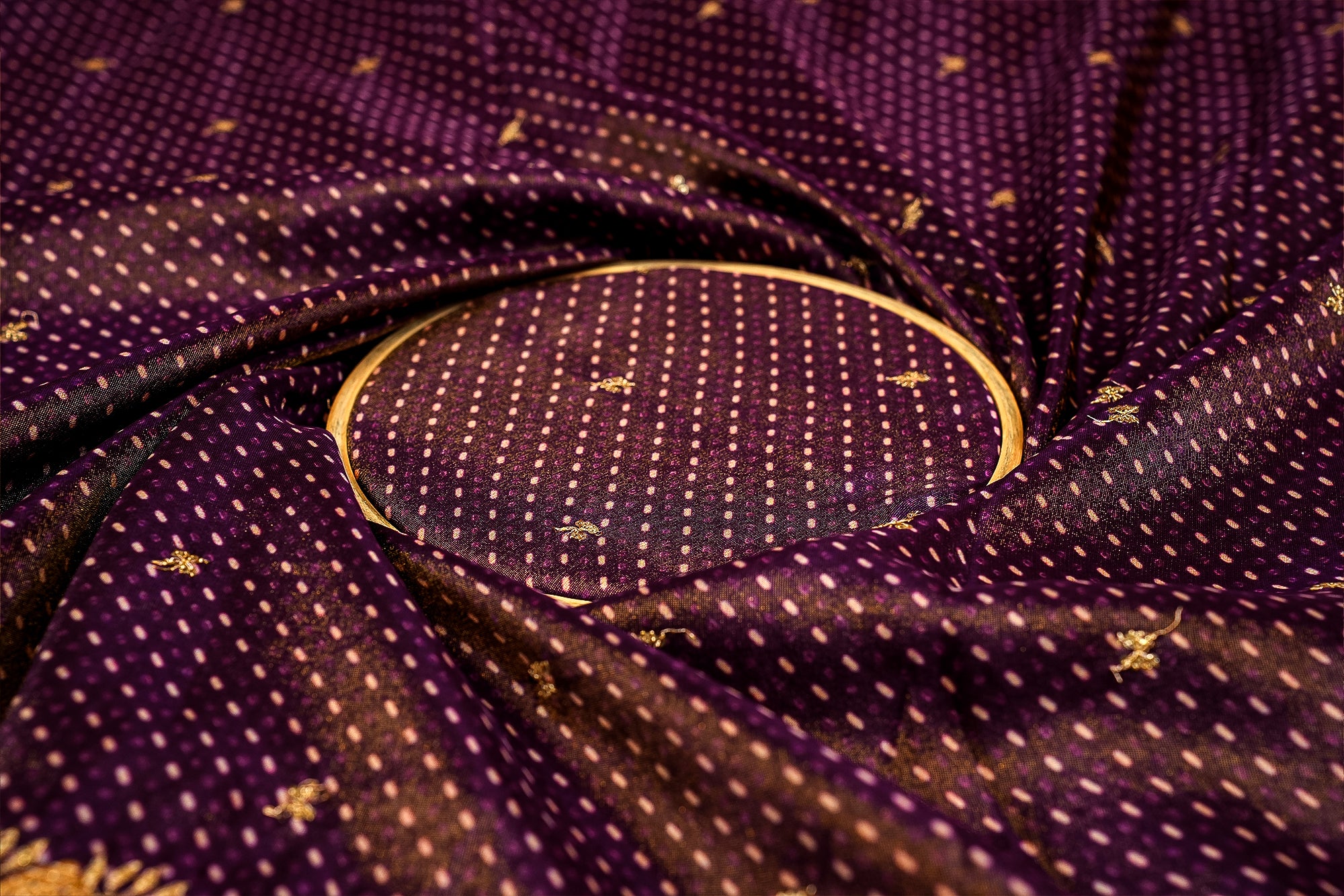 Dark Purple Dupatta Fabric Bandhani Glow with Golden Sequins and Zari Work