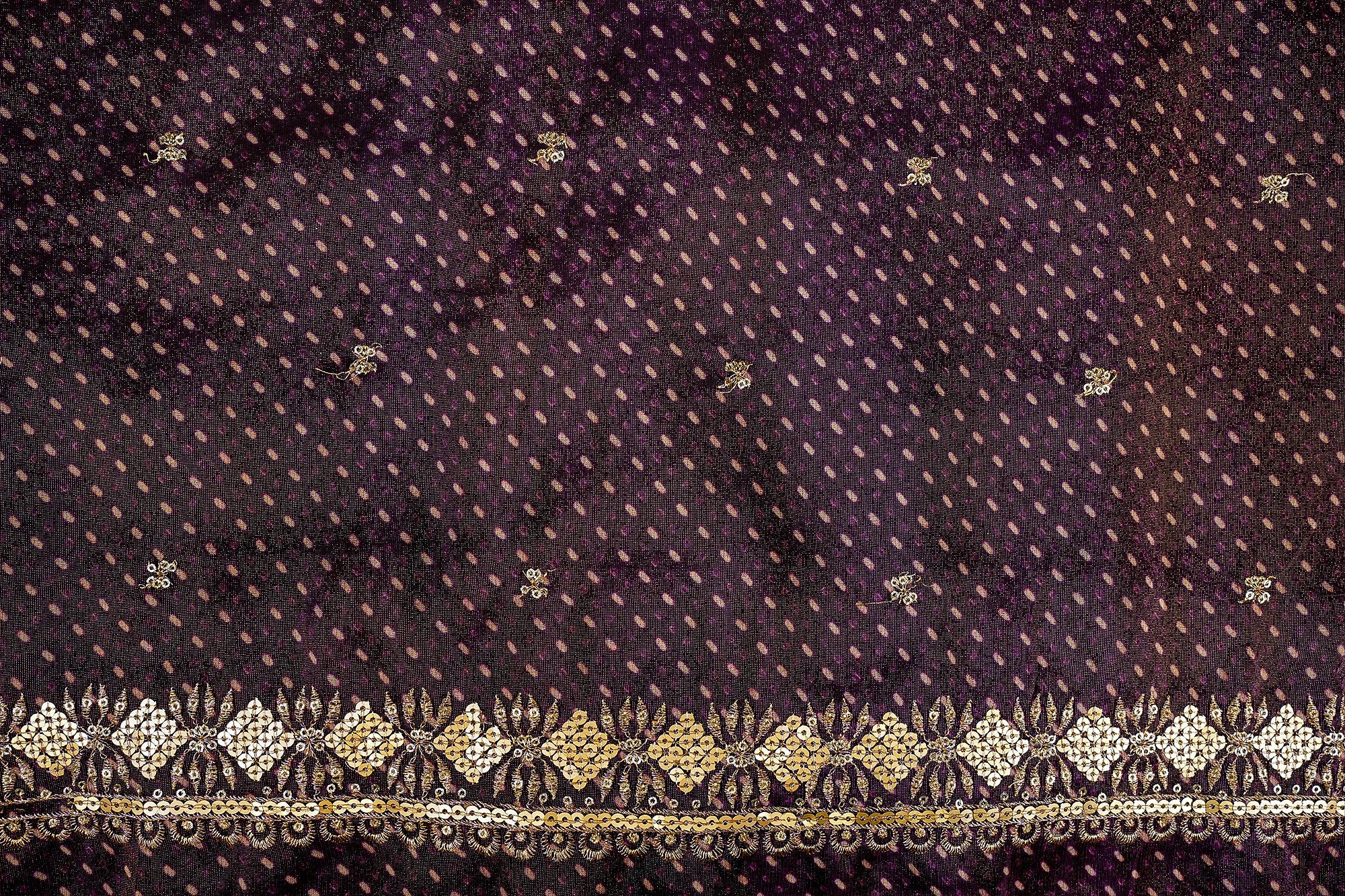 Dark Purple Dupatta Fabric Bandhani Glow with Golden Sequins and Zari Work