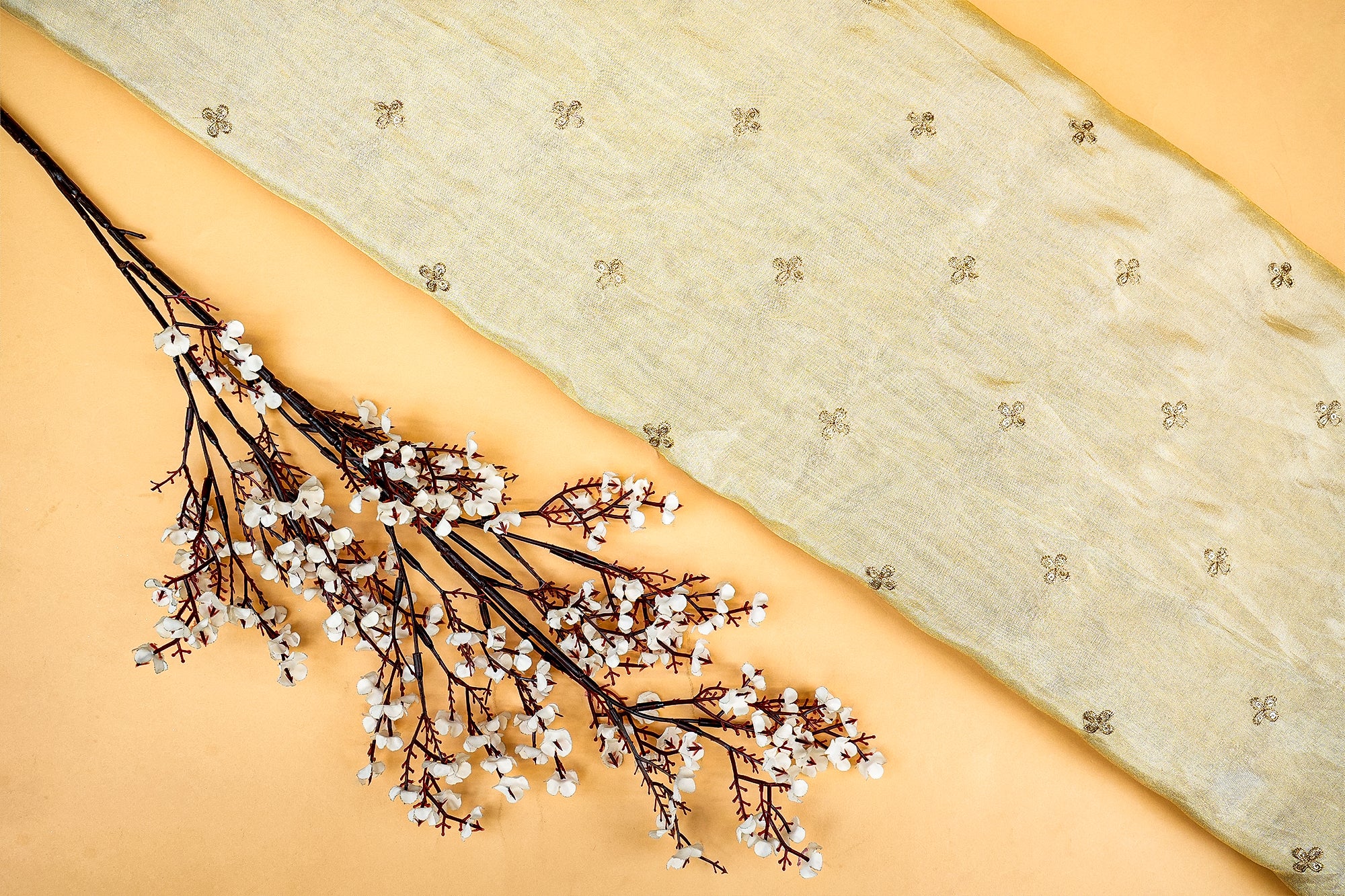 Golden Allure Tissue with Sequins and Zari Butti Embellishments- Paras Gallery Fabrics