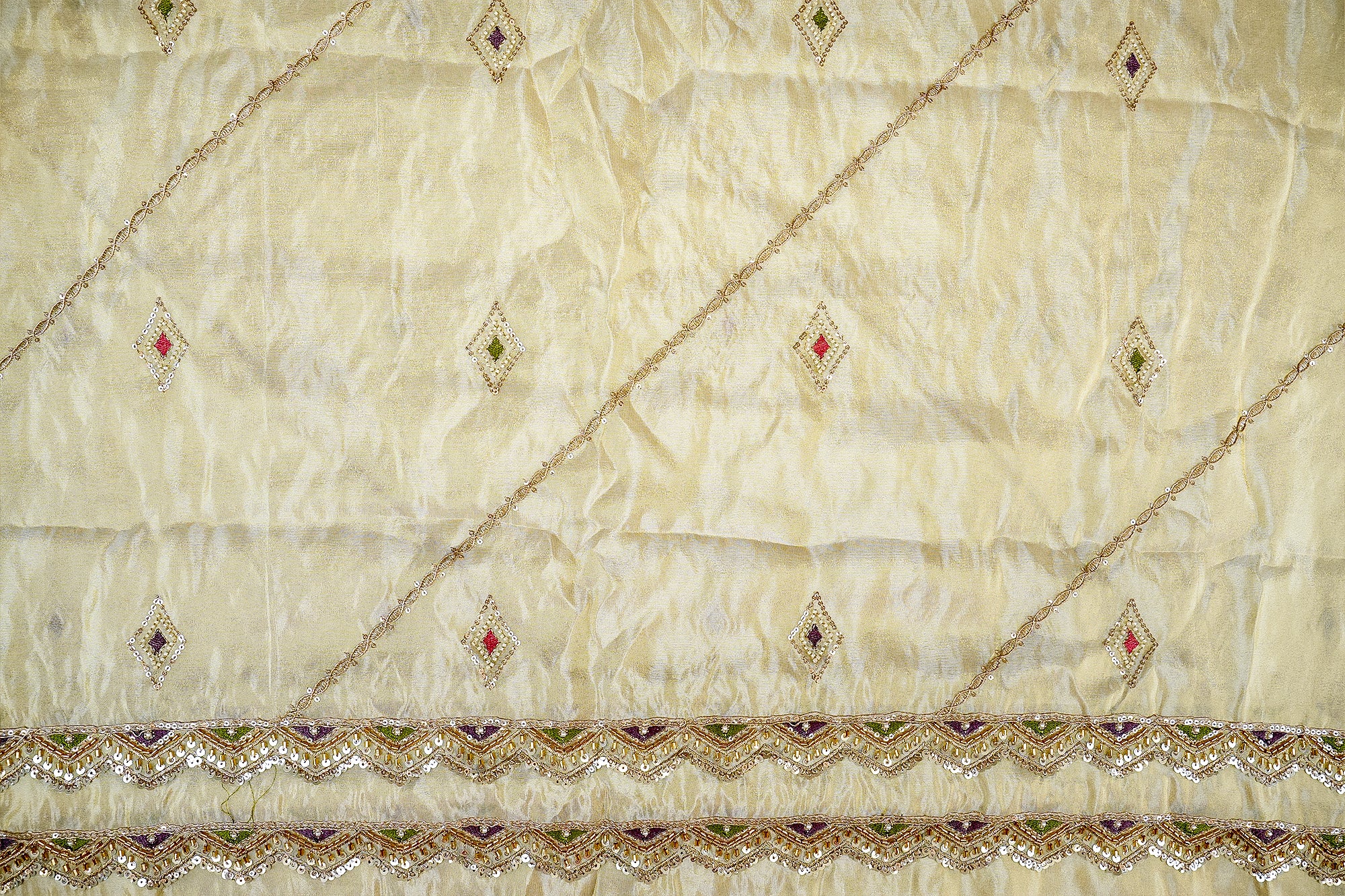 Golden Traditional Glow Tissue with Zari, Kutdana, Sequins, threadwork and Beadwork