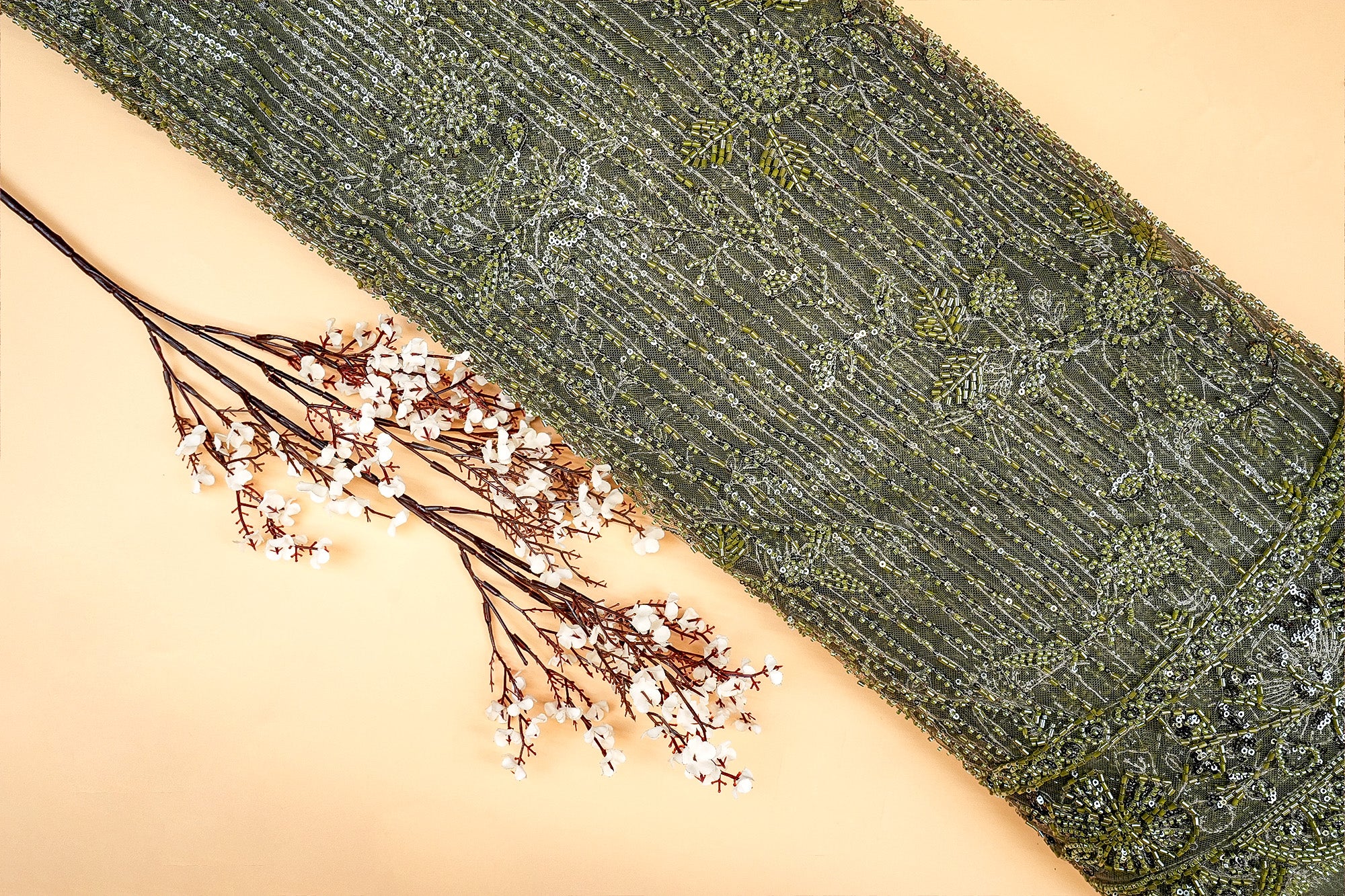 Mehendi Imported Net with Beads, Sequins and Kutdana Handwork Embellishments- Paras Gallery Fabrics