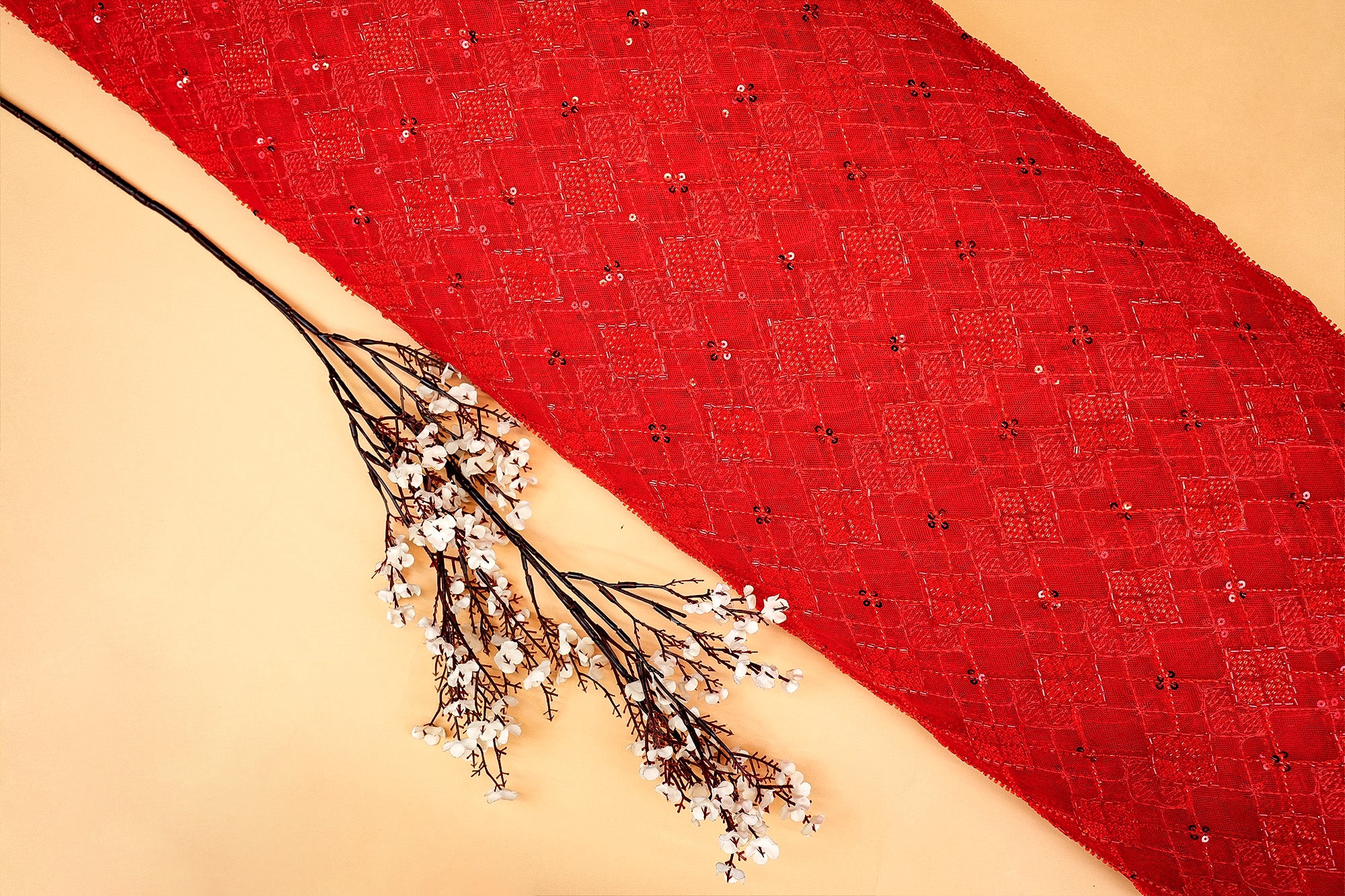 Red Imported Net with Beads, Sequins and Kutdana Handwork Embellishments- Paras Gallery Fabrics