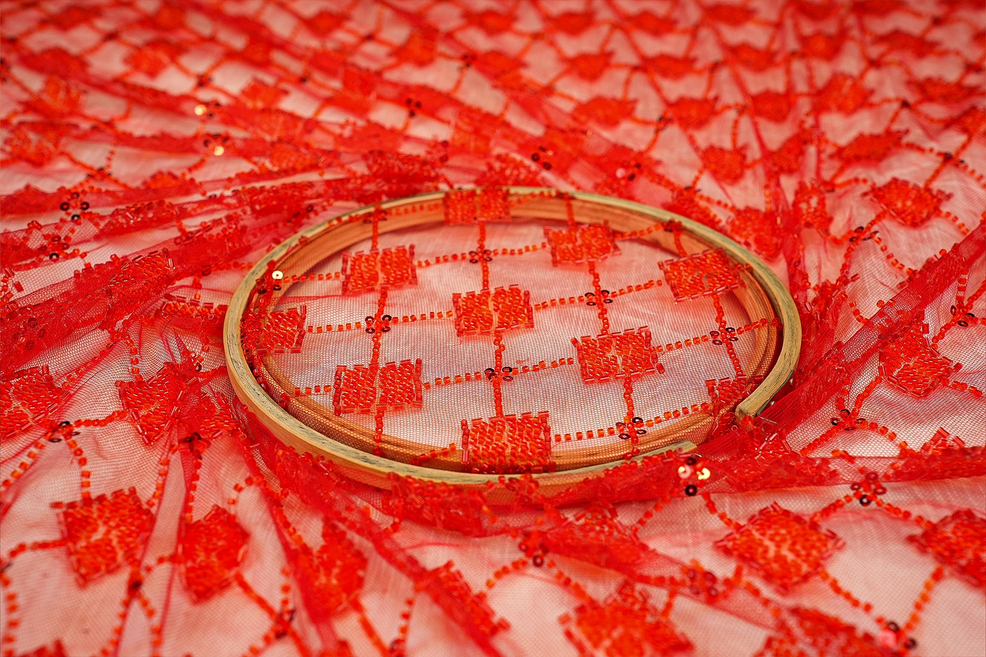 Red Imported Net with Beads, Sequins and Kutdana Handwork Embellishments