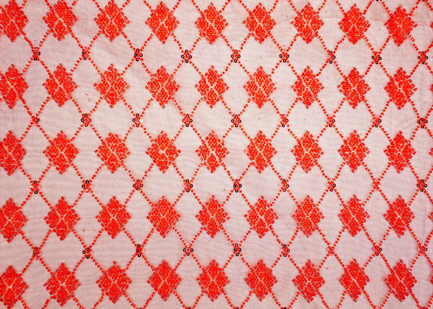 Red Imported Net with Beads, Sequins and Katdana Handwork Embellishments