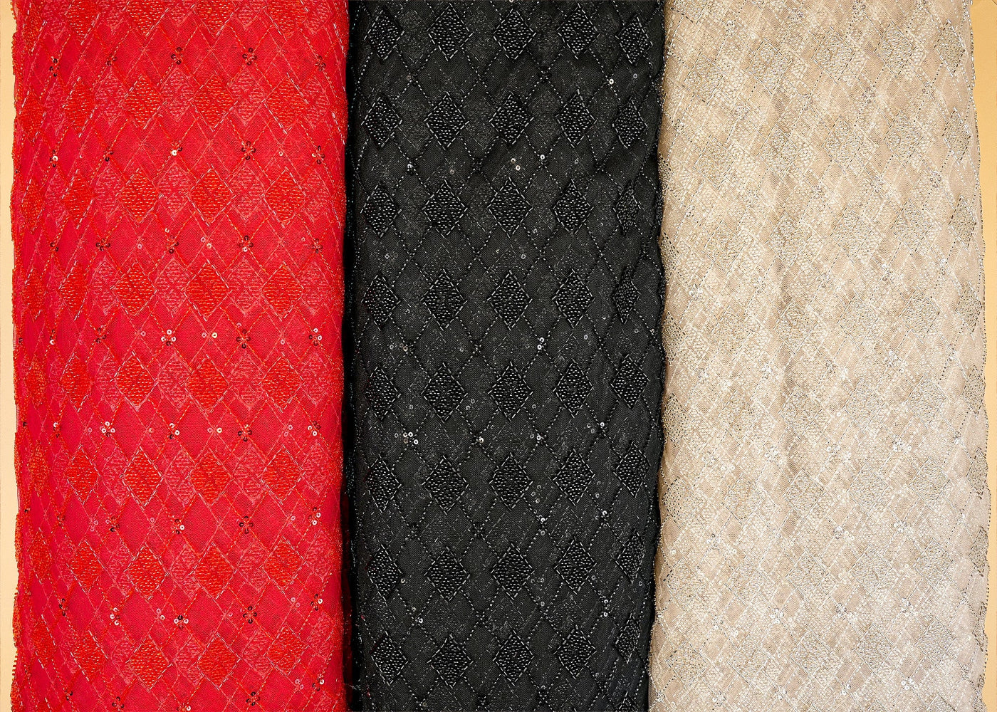 Red Imported Net with Beads, Sequins and Katdana Handwork Embellishments