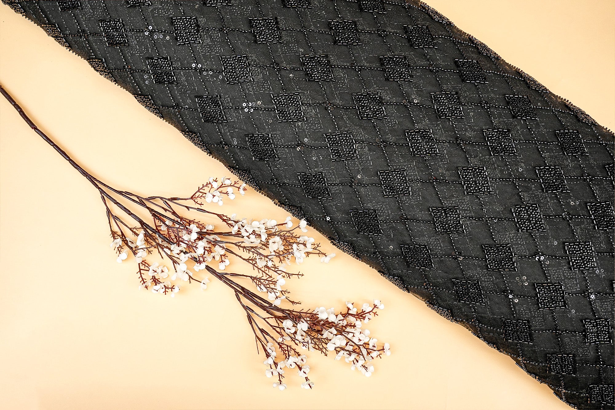 Black Imported Net with Sequins and Kutdana Handwork Embellishments- Paras Gallery Fabrics