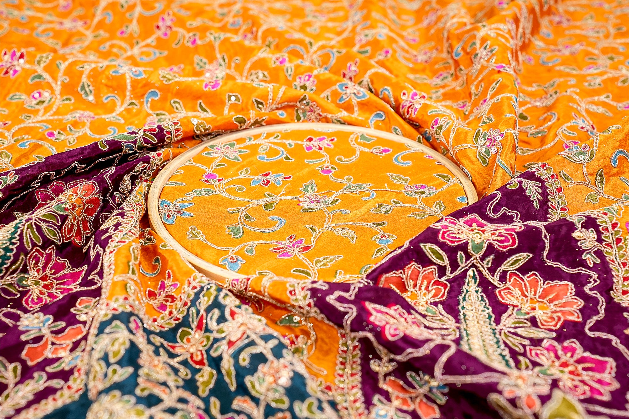 Mustard bloom crepe fabric with zari and sequin floral print - Paras Gallery Fabrics