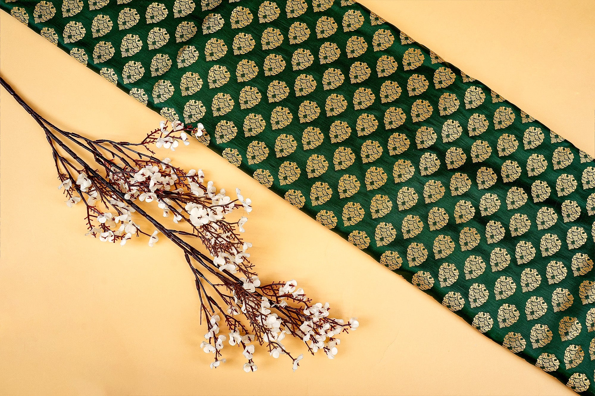 Bottle Green Banarasi Brocade with Beautiful Golden  Traditional Print- Paras Gallery Fabric