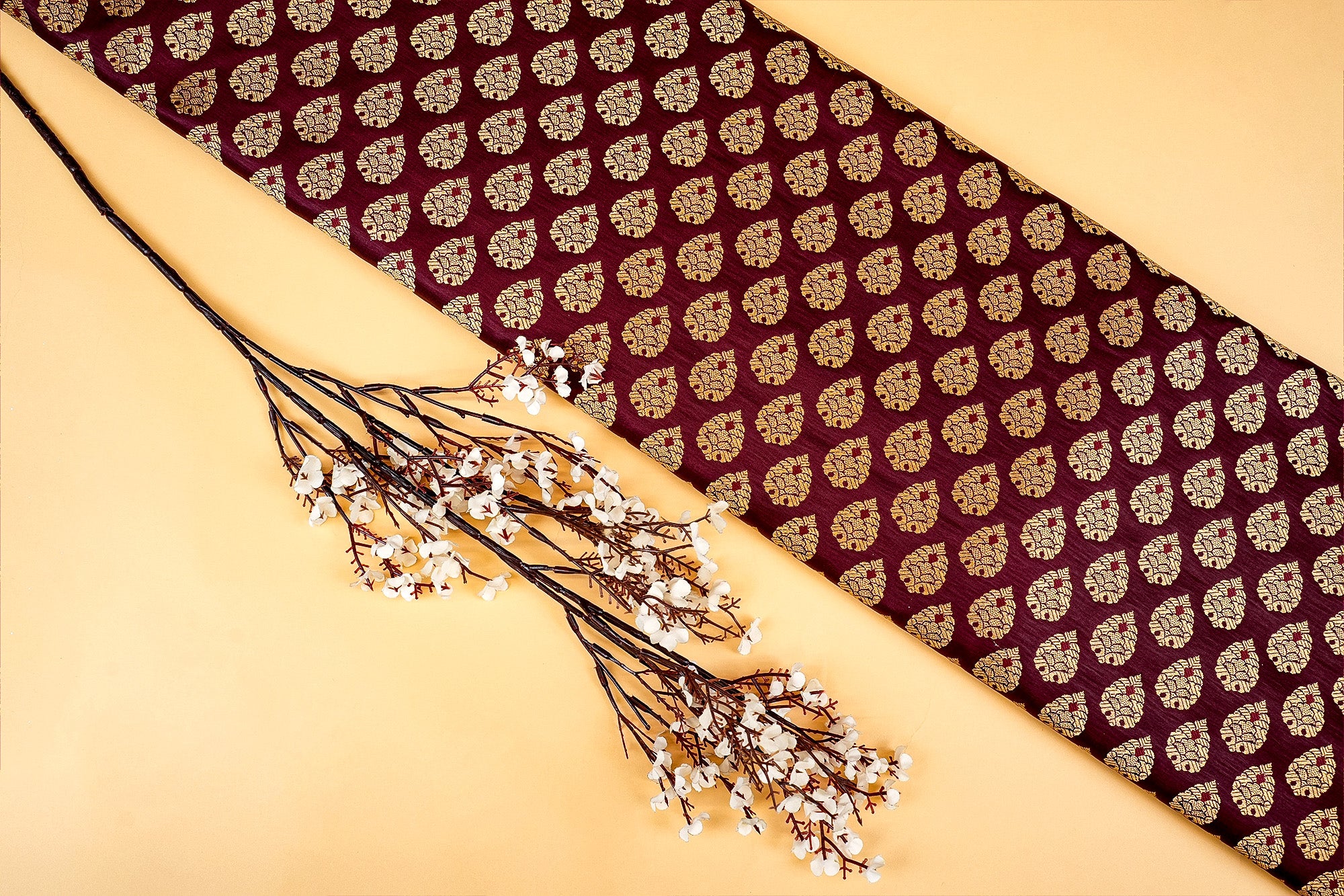 Maroon Banarasi Brocade with Beautiful Golden  Traditional Print- Paras Gallery Fabric