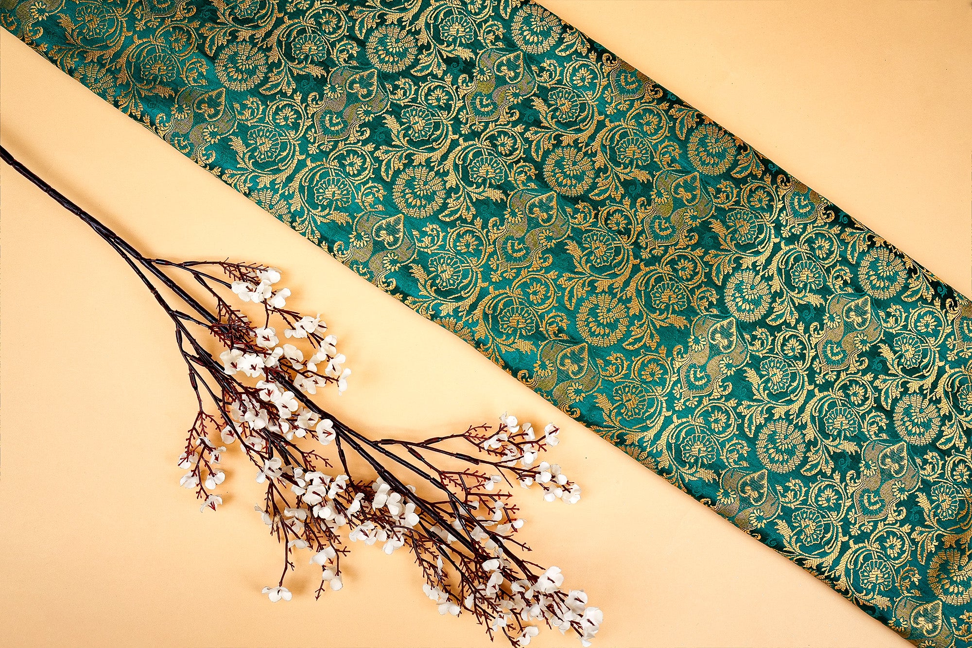 Green Banarasi Brocade with Beautiful Golden Traditional Print-Paras Gallery Fabric