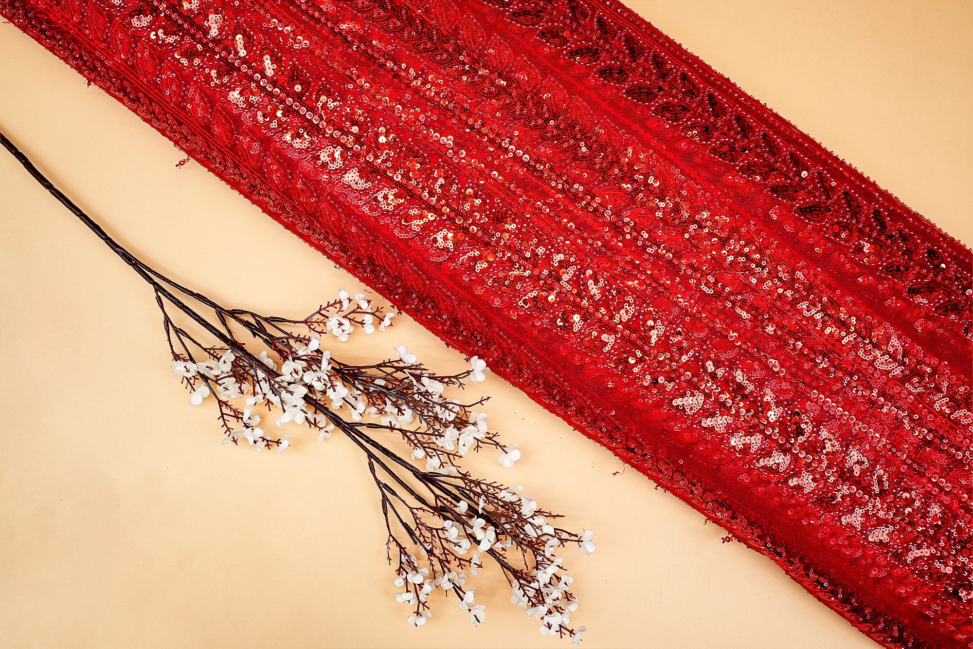 Red Imported Net with Sequins and Kutdana Handwork Embellishments- Paras Gallery Fabrics