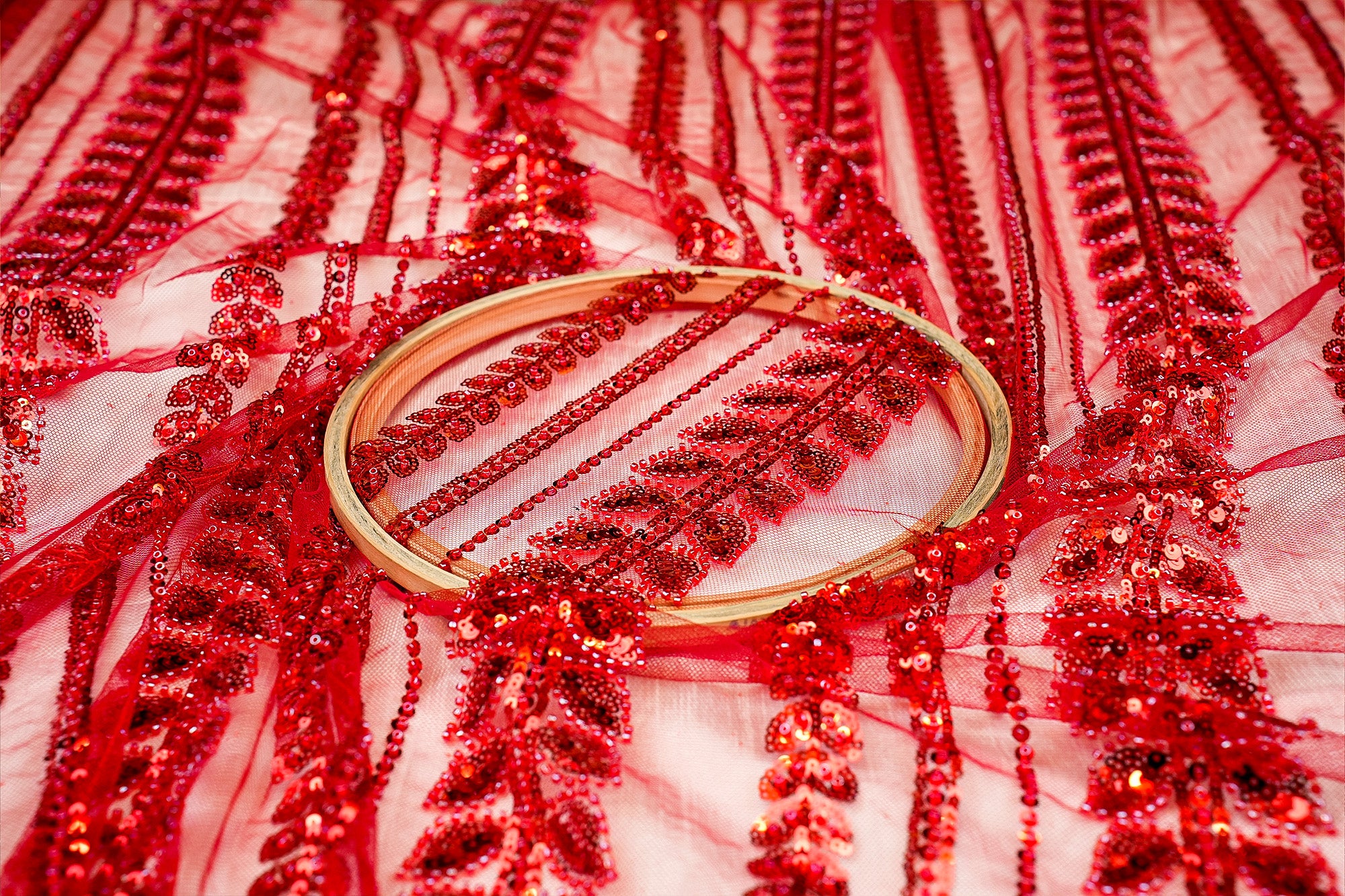 Red Imported Net with Sequins and Kutdana Handwork Embellishments