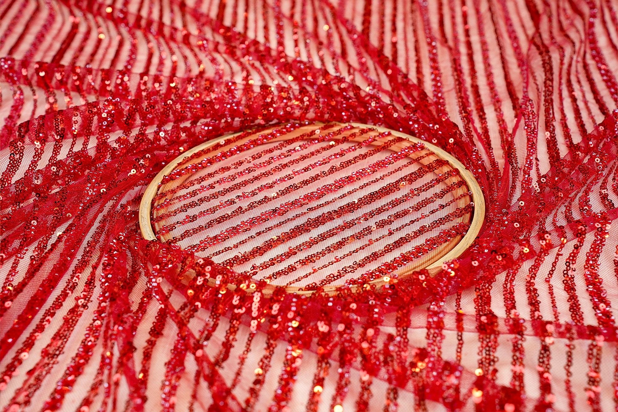 Red Imported Net with Sequins and Beads Handwork Embellishments