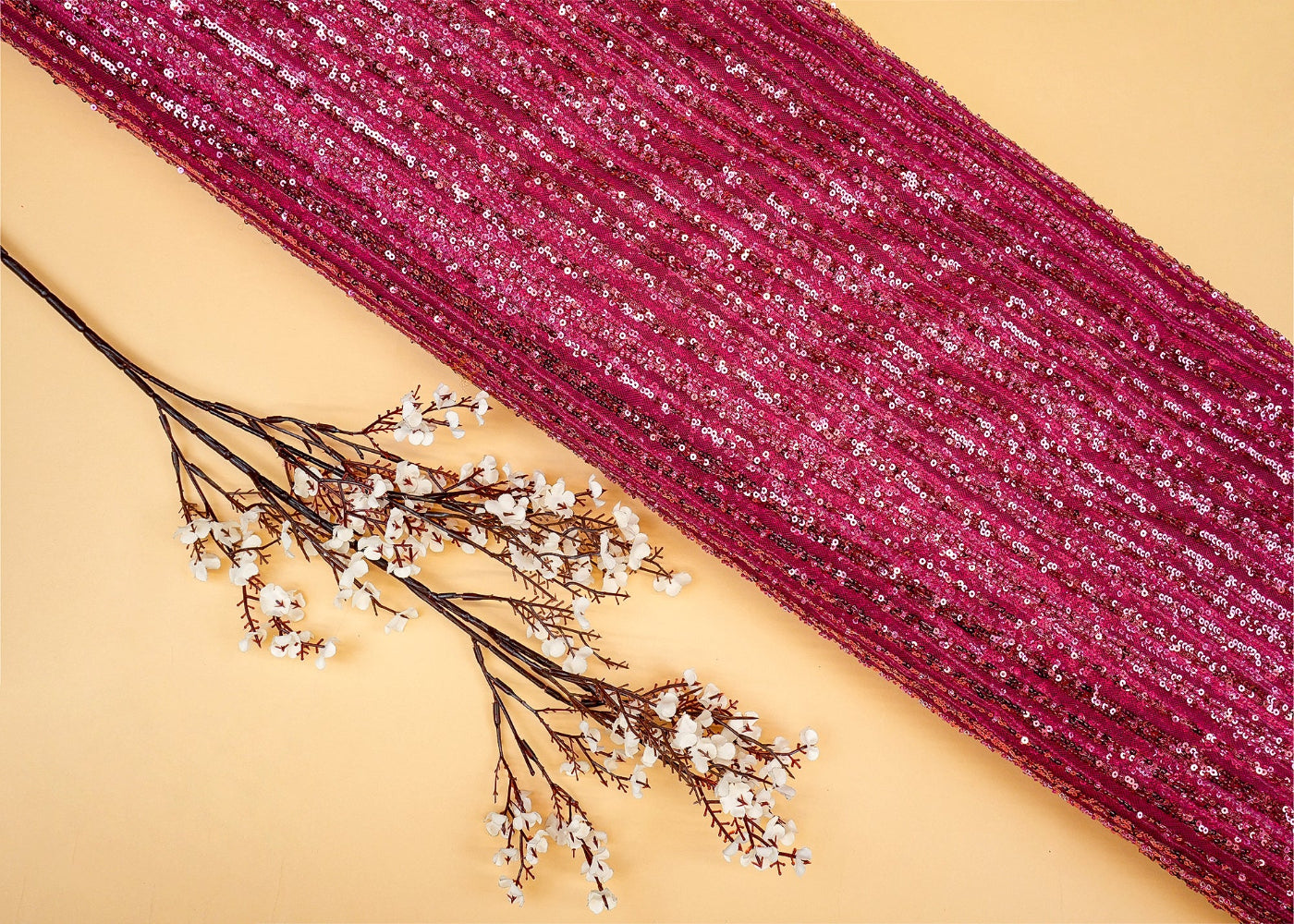 Rani Pink Imported Net with Sequins and Beads Handwork Embellishments- Paras Gallery Fabrics