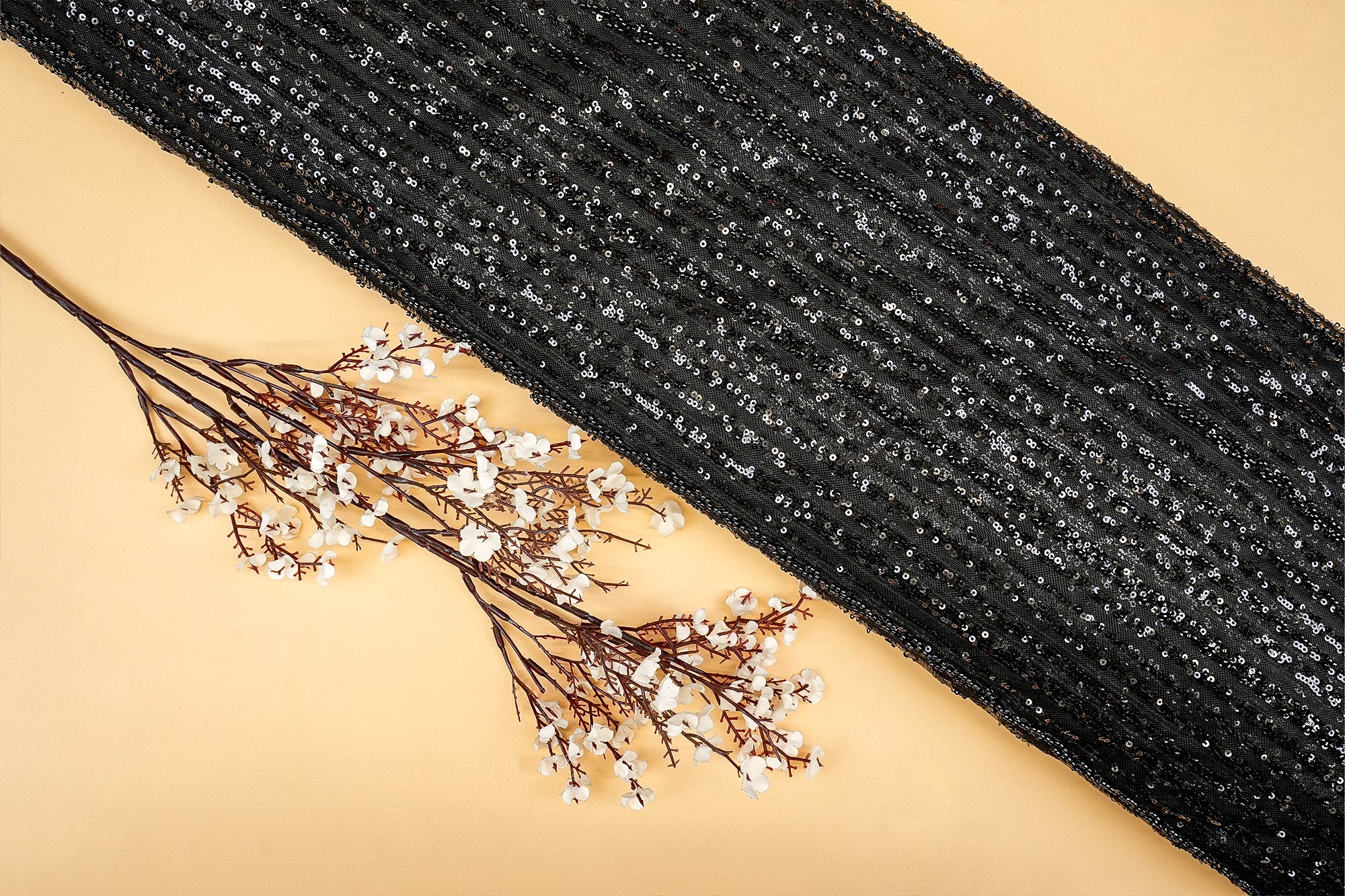 Black Imported Net with Sequins and Beads Handwork Embellishments- Paras Gallery Fabrics