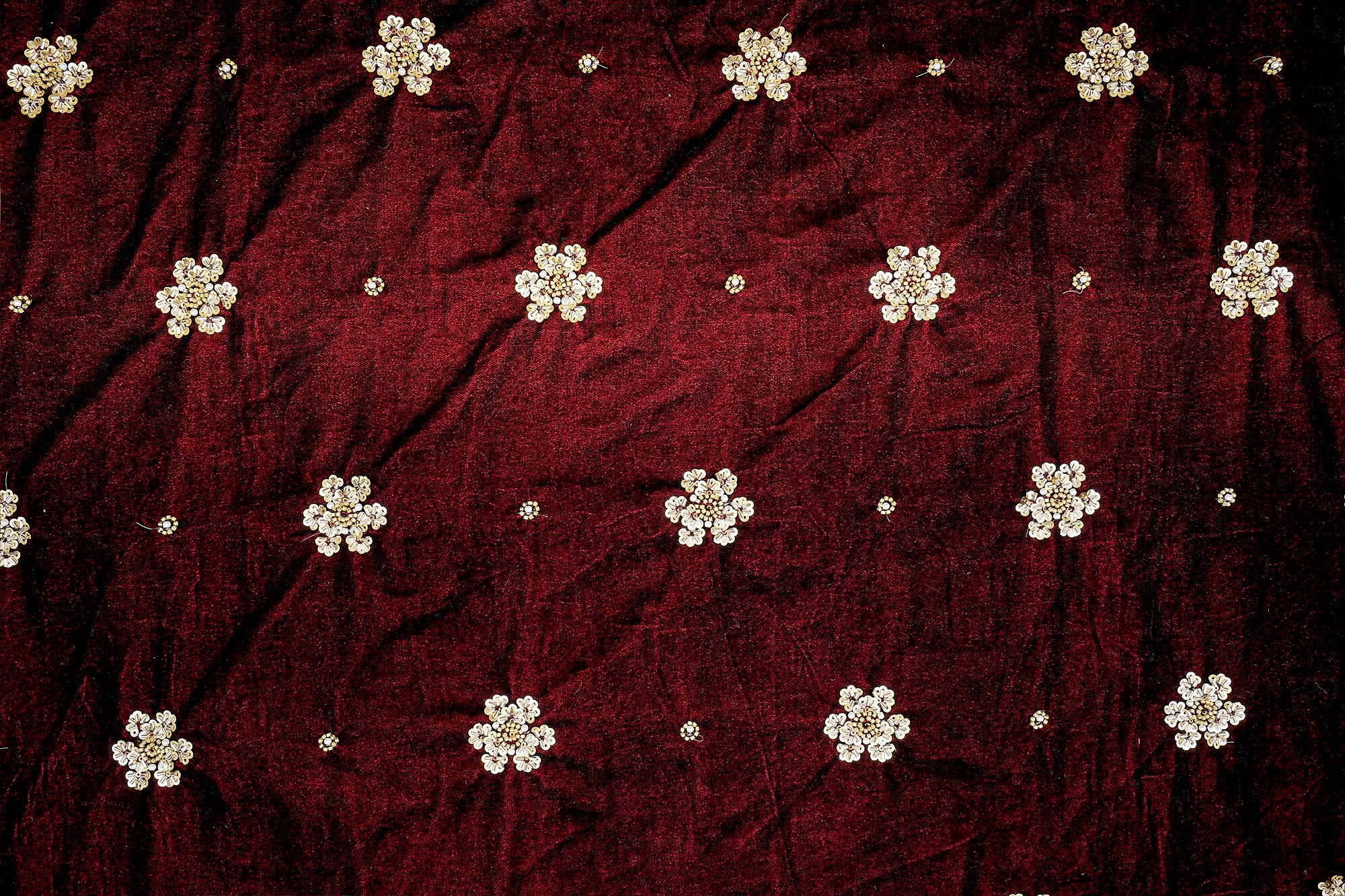 Maroon Velvet Majesty with All-Over Buti Design, Beads, Pearls, Sequins, and Kutdana