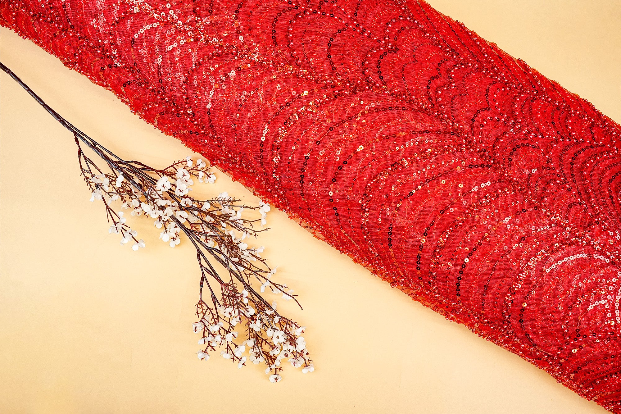 Red Imported Net with Pearls, Sequins and Beads Handwork Embellishments- Paras Gallery Fabrics