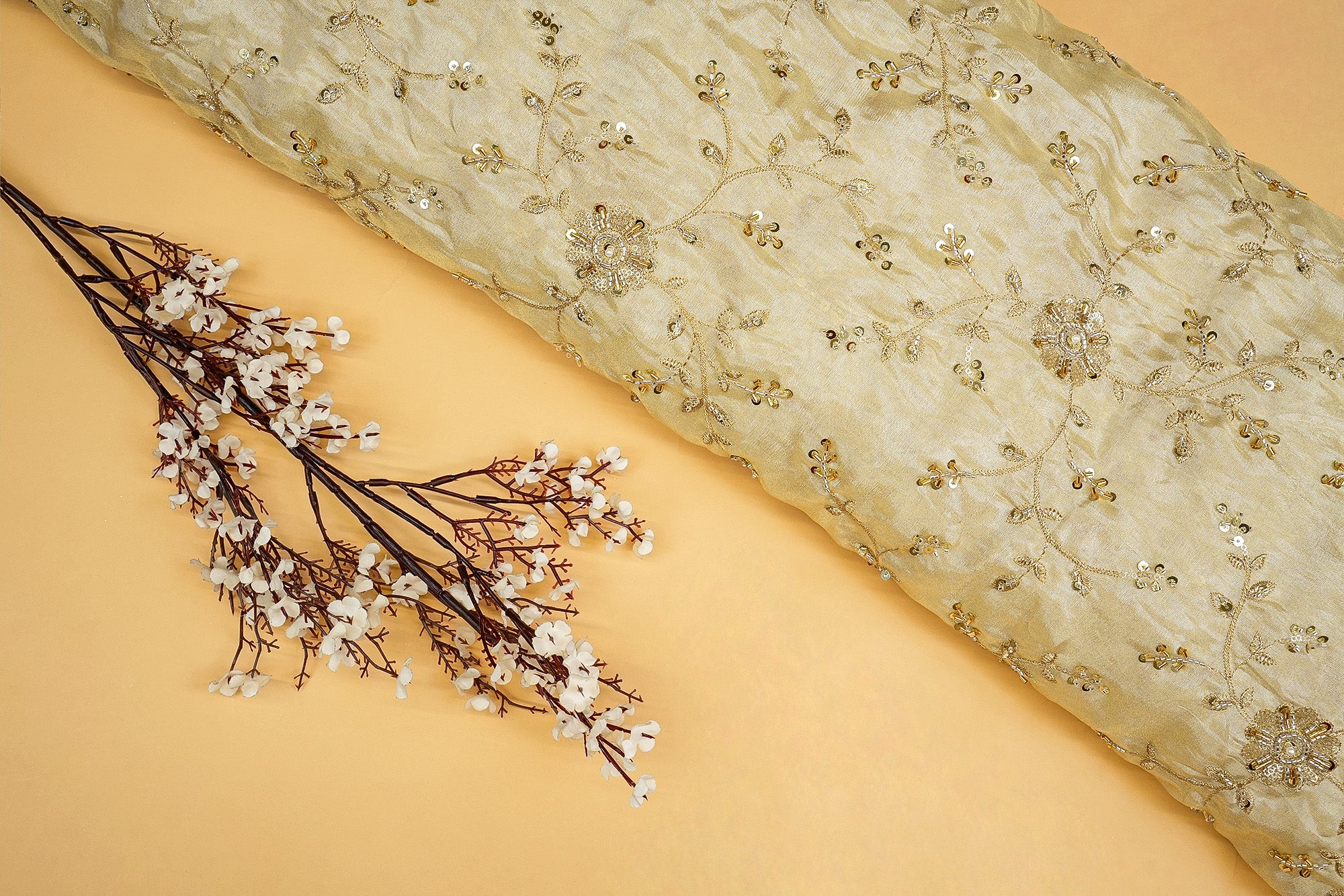 Golden Radiance Tissue Fabric with Kutdana, Pearl, Sequins, Zari, and Beads - Paras Gallery Fabrics