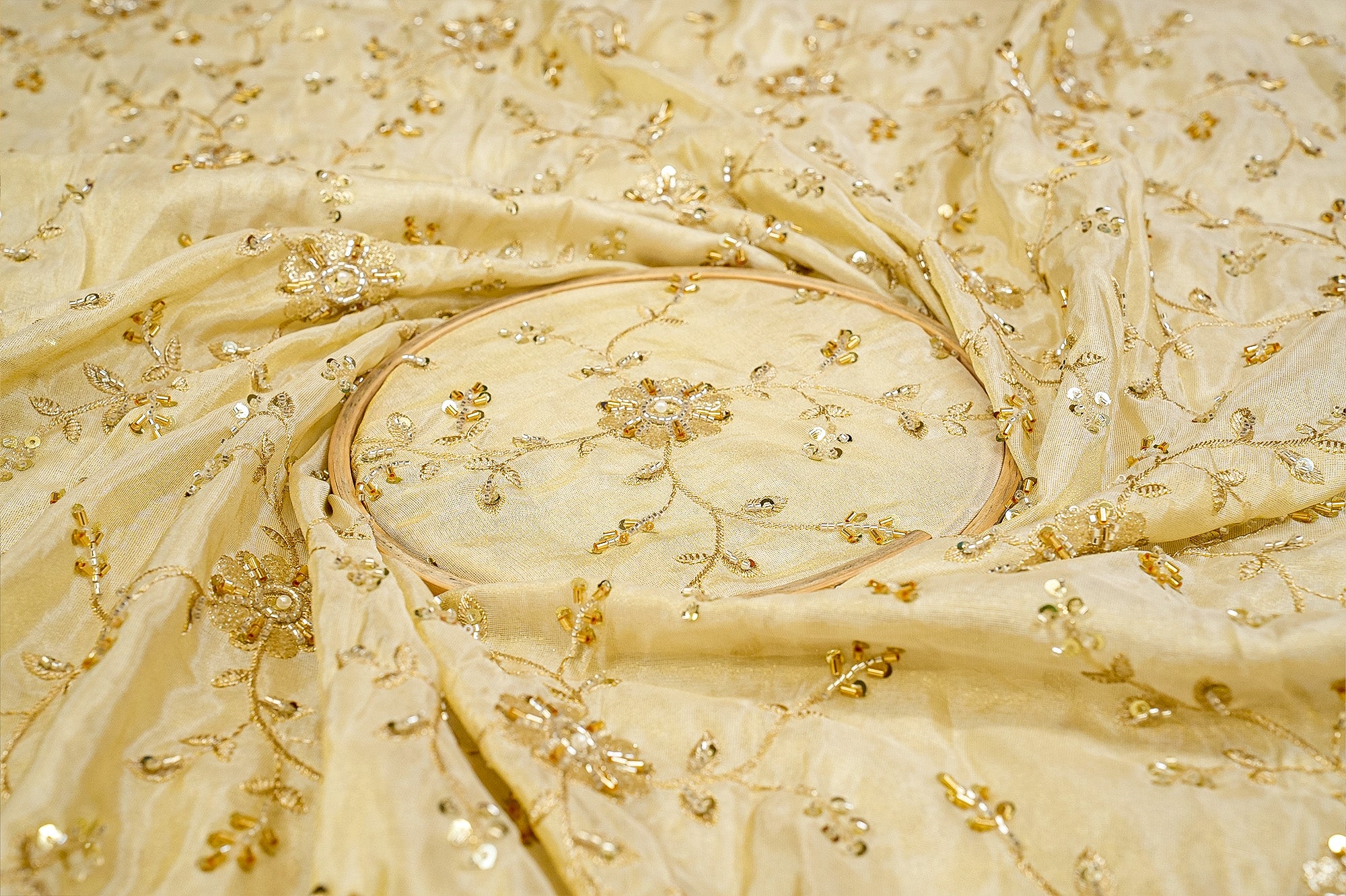 Golden Radiance Tissue Fabric with Kutdana, Pearl, Sequins, Zari, and Beads