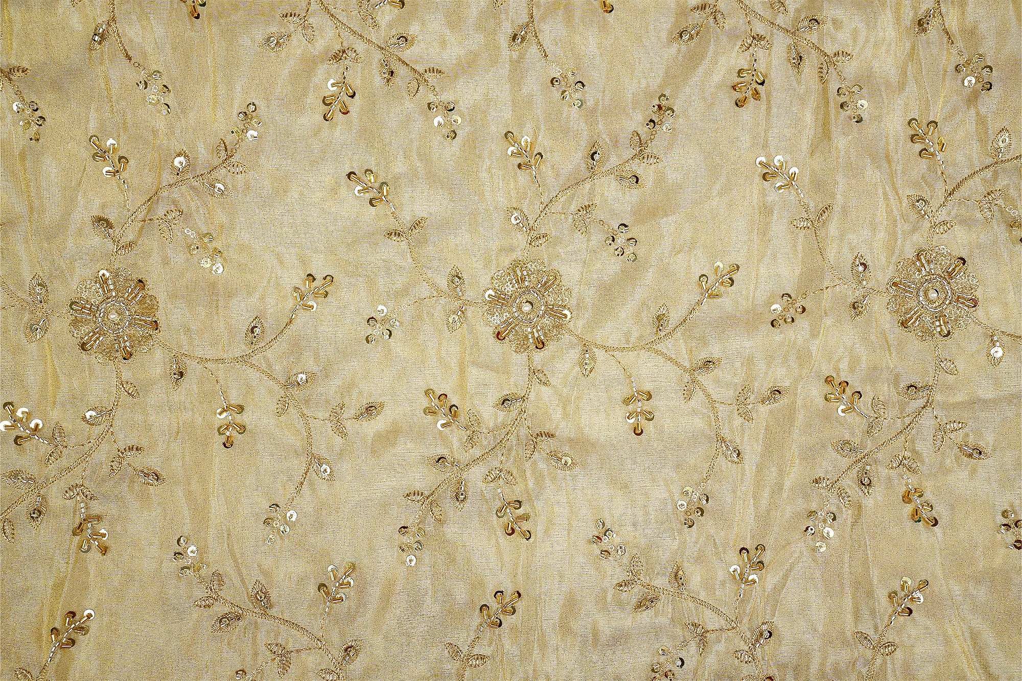 Golden Radiance Tissue Fabric with Kutdana, Pearl, Sequins, Zari, and Beads