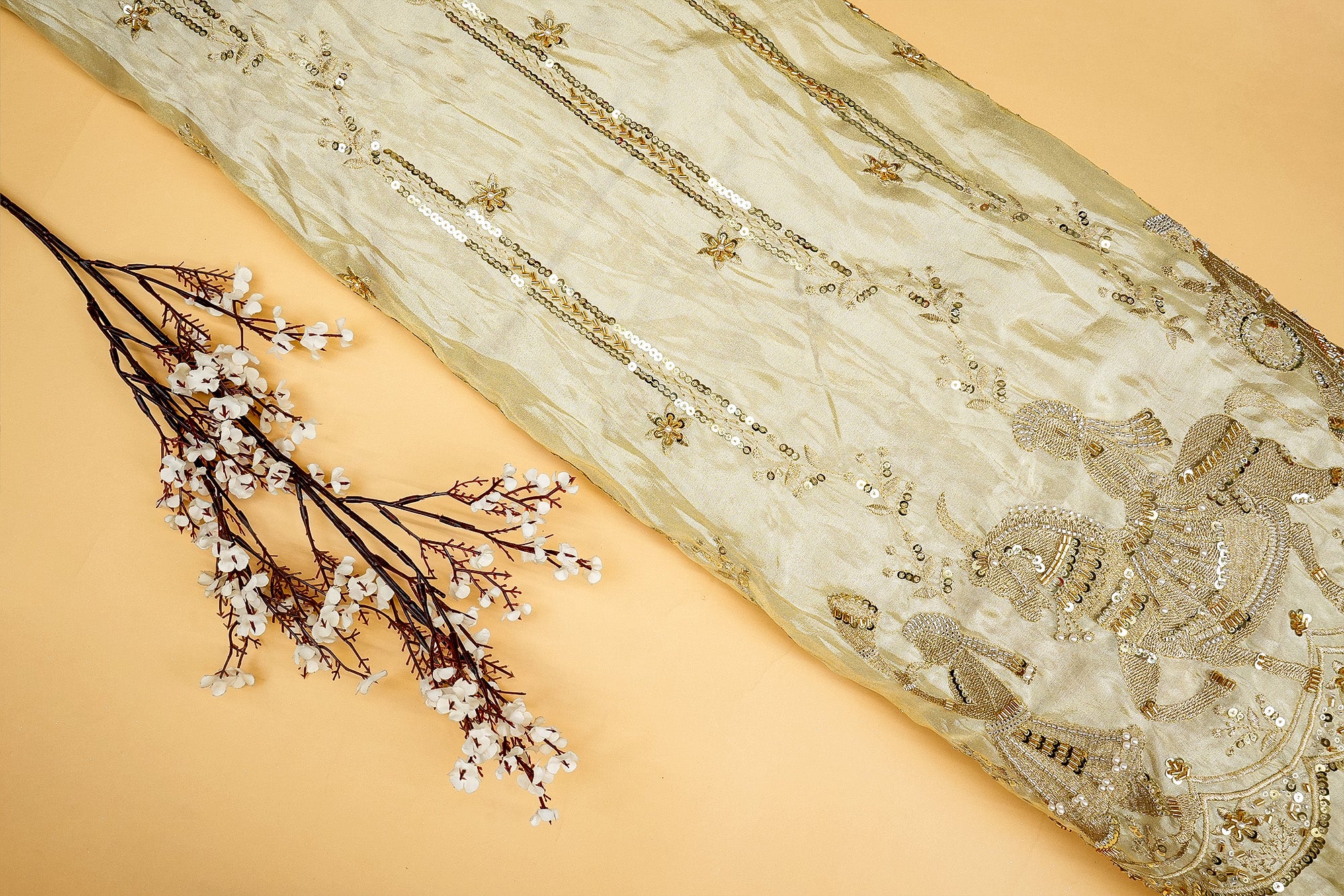 Timeless Tradition Fabric with Threadwork, Sequins, Pearls, Zari, and Kutdana- Paras Gallery Fabrics