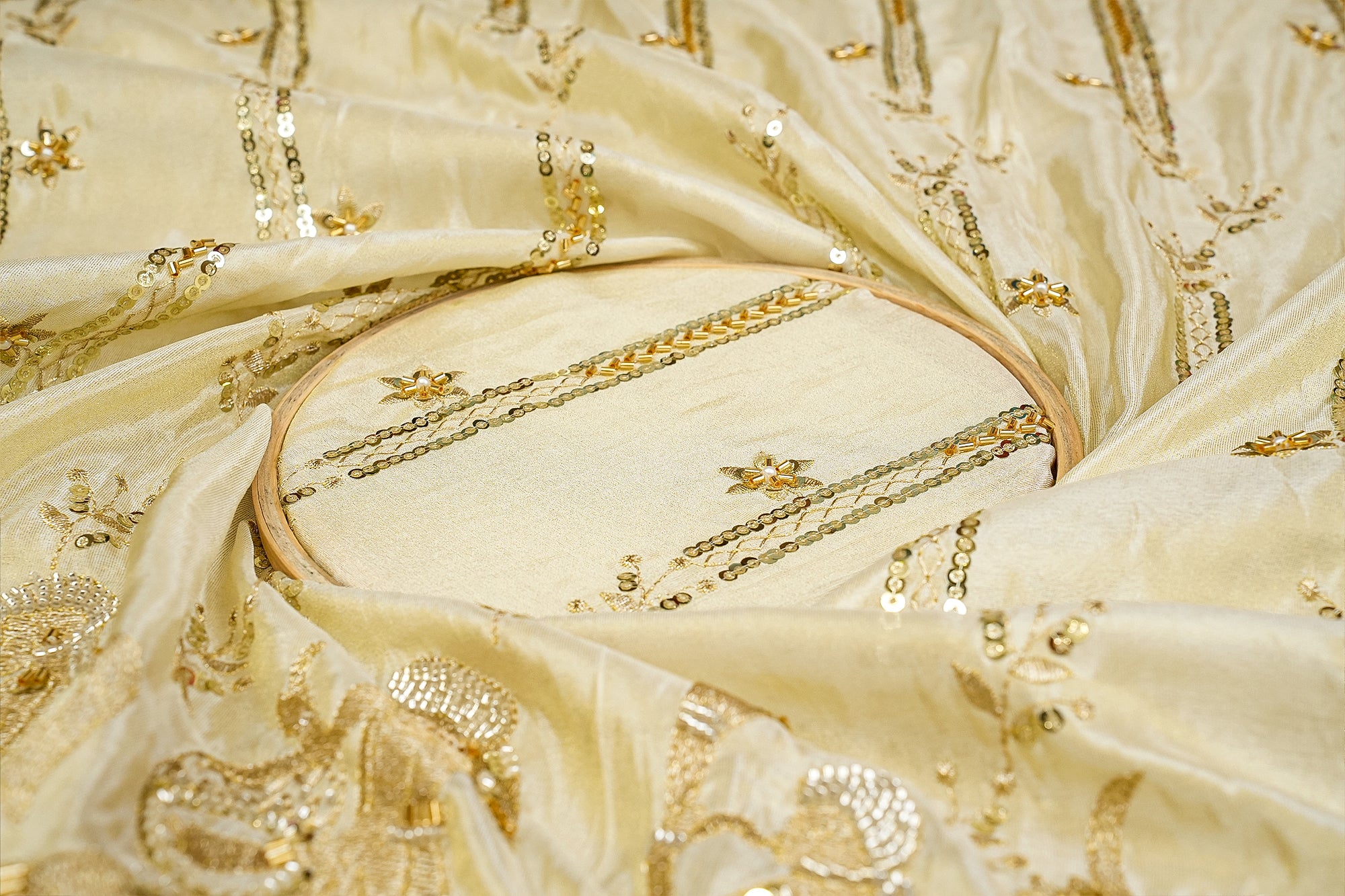 Timeless Tradition Fabric with Threadwork, Sequins, Pearls, Zari, and Kutdana