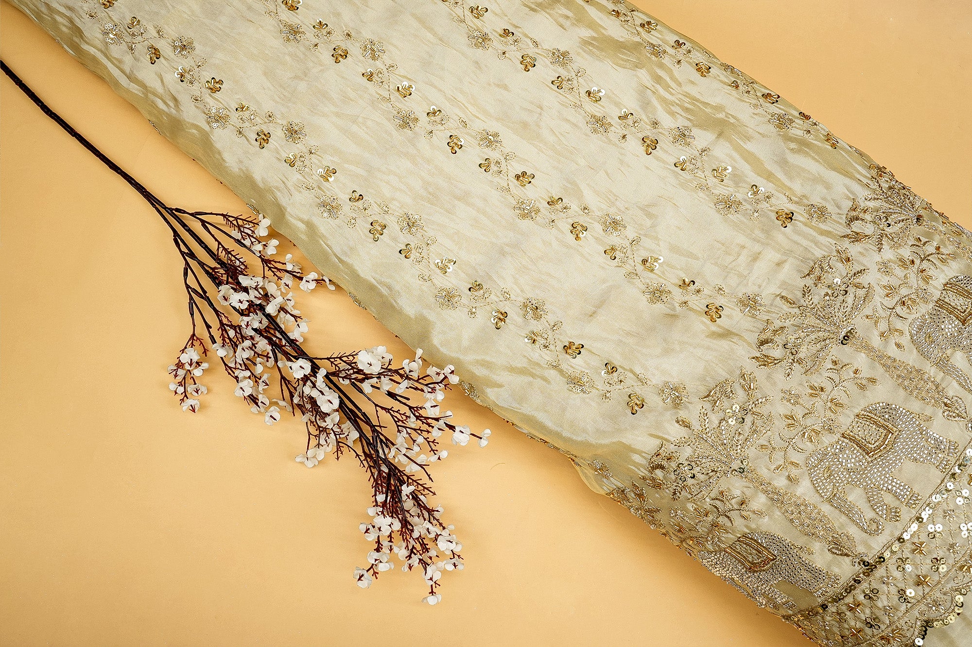 Timeless Tradition Fabric with Threadwork, Sequins, Pearls, Zari, and Kutdana