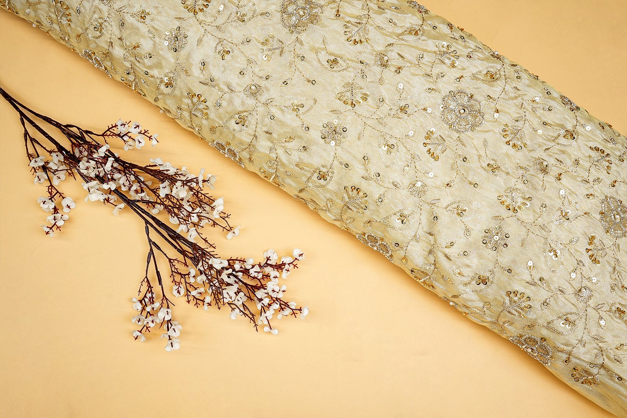 Golden Radiance Tissue Fabric with Kutdana, Pearl, Sequins, Zari, and Beads - Paras Gallery Fabrics  - Paras Gallery Fabrics