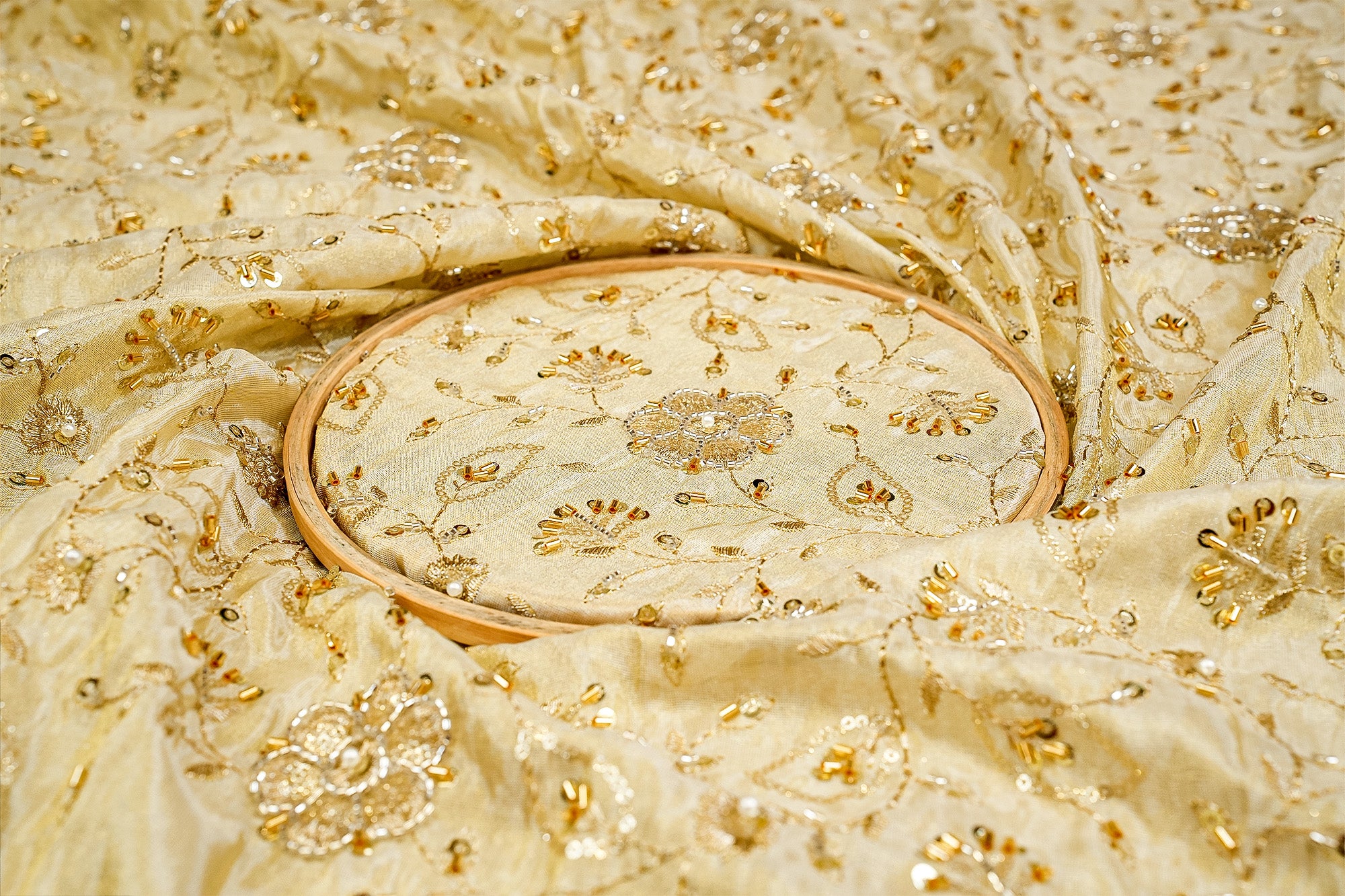 Golden Radiance Tissue Fabric with Kutdana, Pearl, Sequins, Zari, and Beads