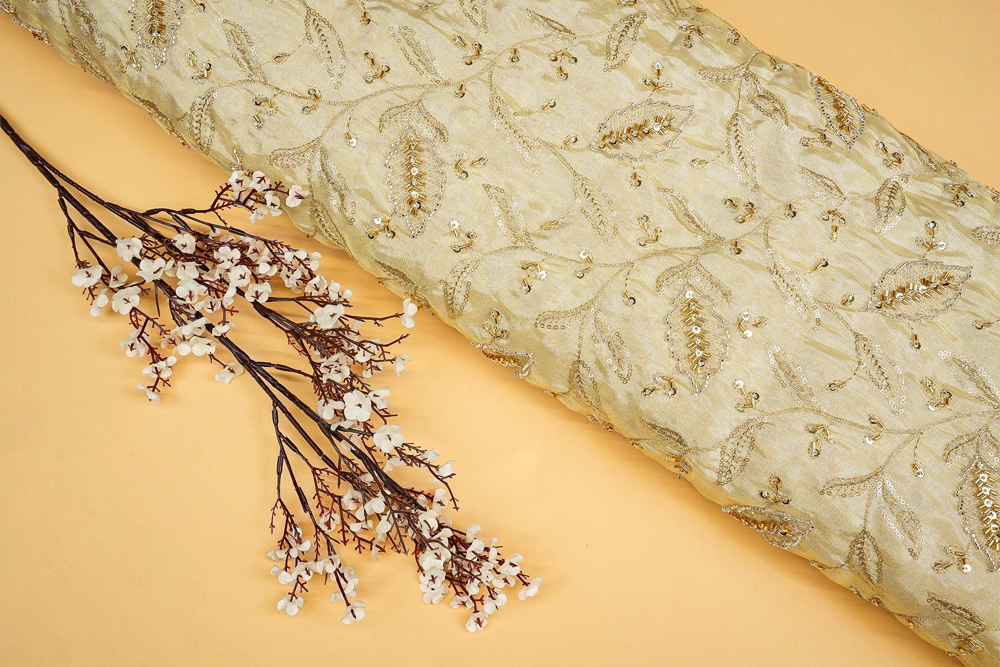 Golden Radiance Tissue Fabric with Kutdana, Sequins, Zari, and Beads