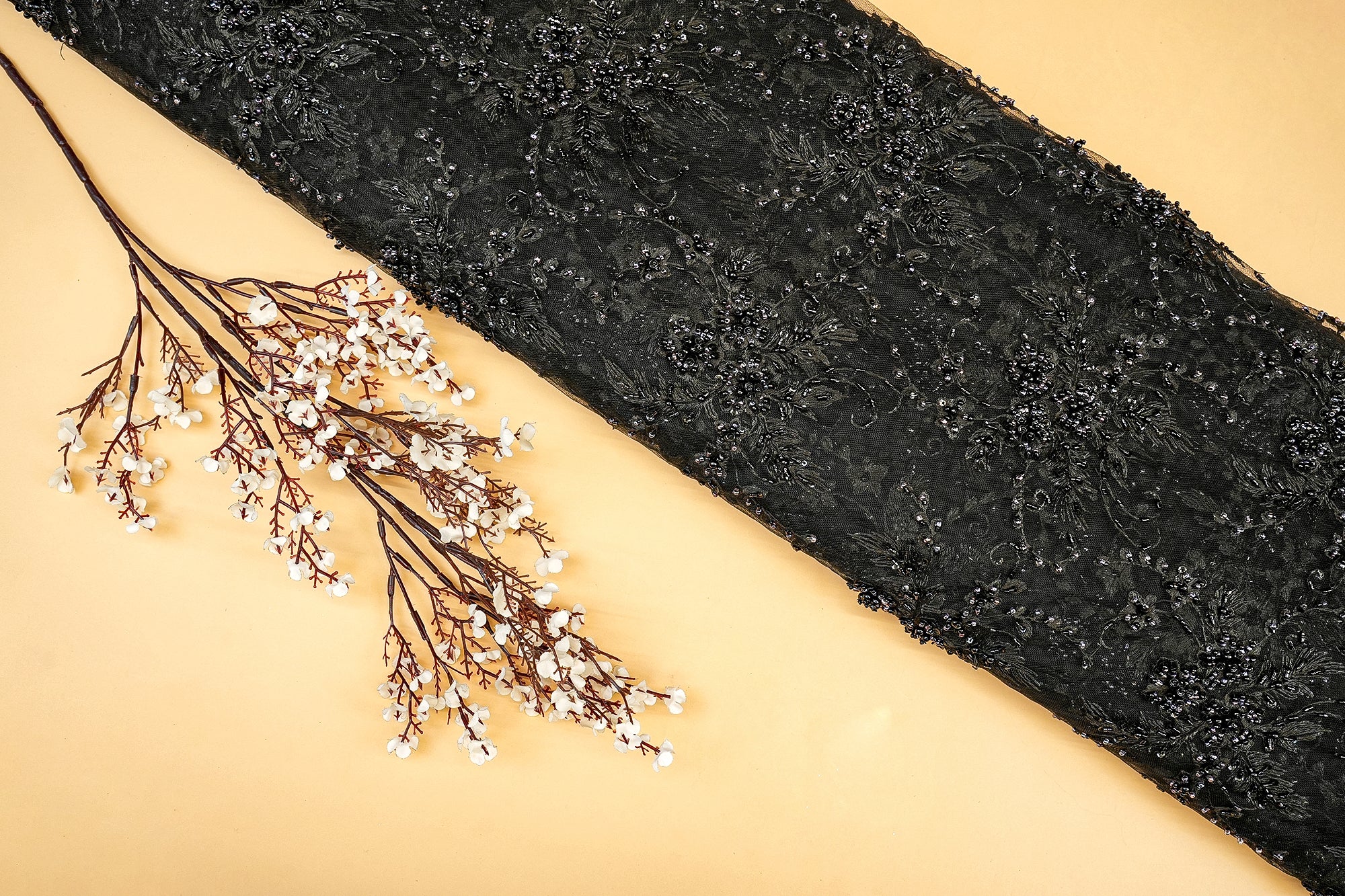 Black Imported Net Floral Elegance with Thread, Sequins, Beads, and Pearls - Paras Gallery Fabrics