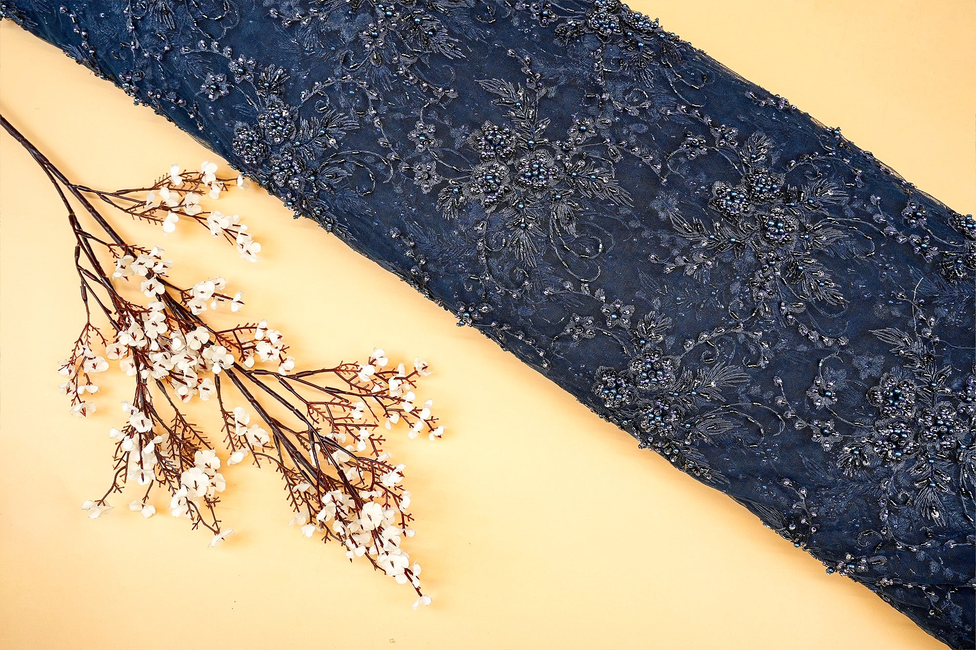 Navy Blue Imported Net Floral Elegance with Thread, Sequins, Beads, and Pearls- Paras gallery Fabics