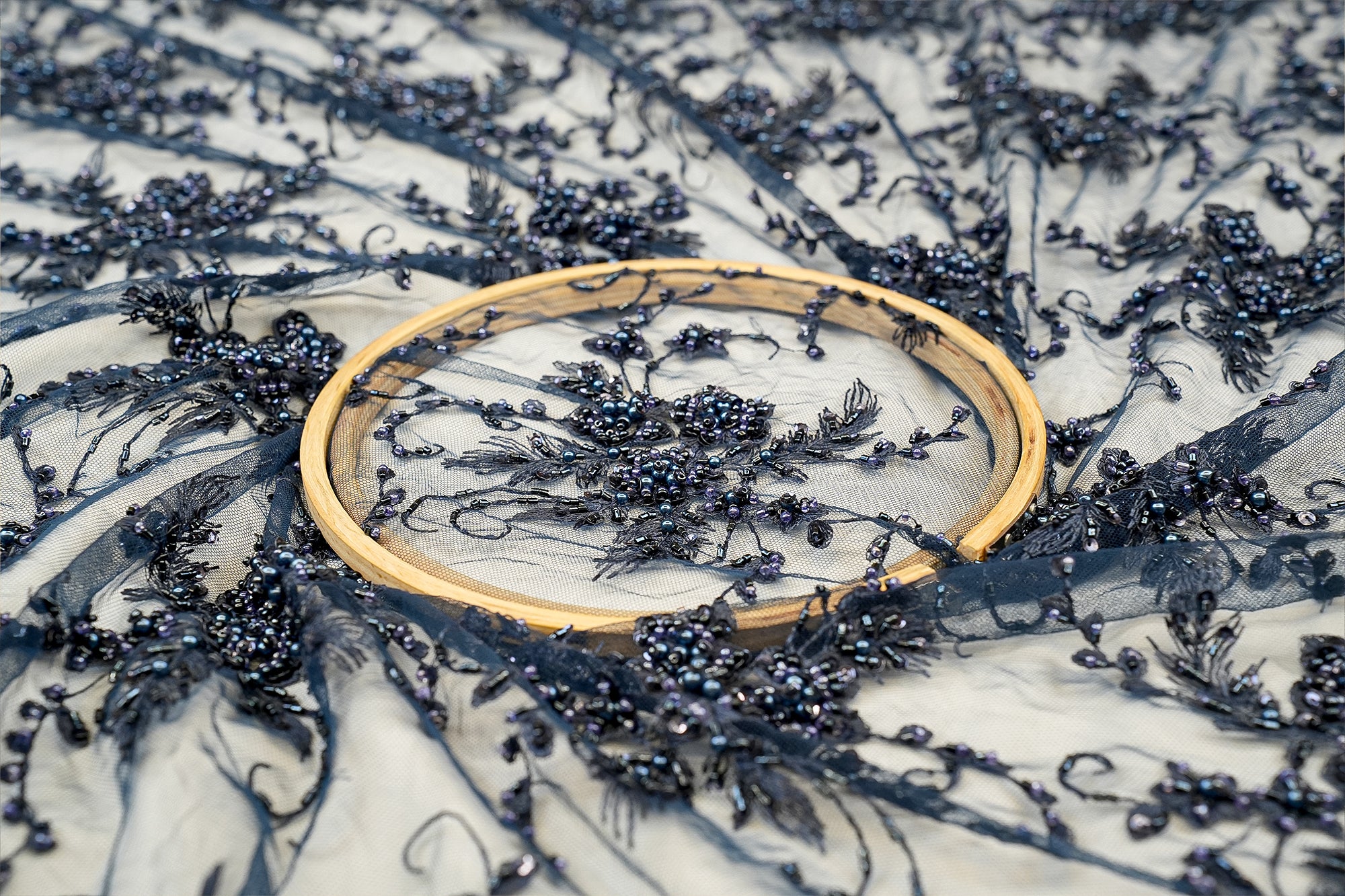 Navy Blue Imported Net Floral Elegance with Thread, Sequins, Beads, and Pearls