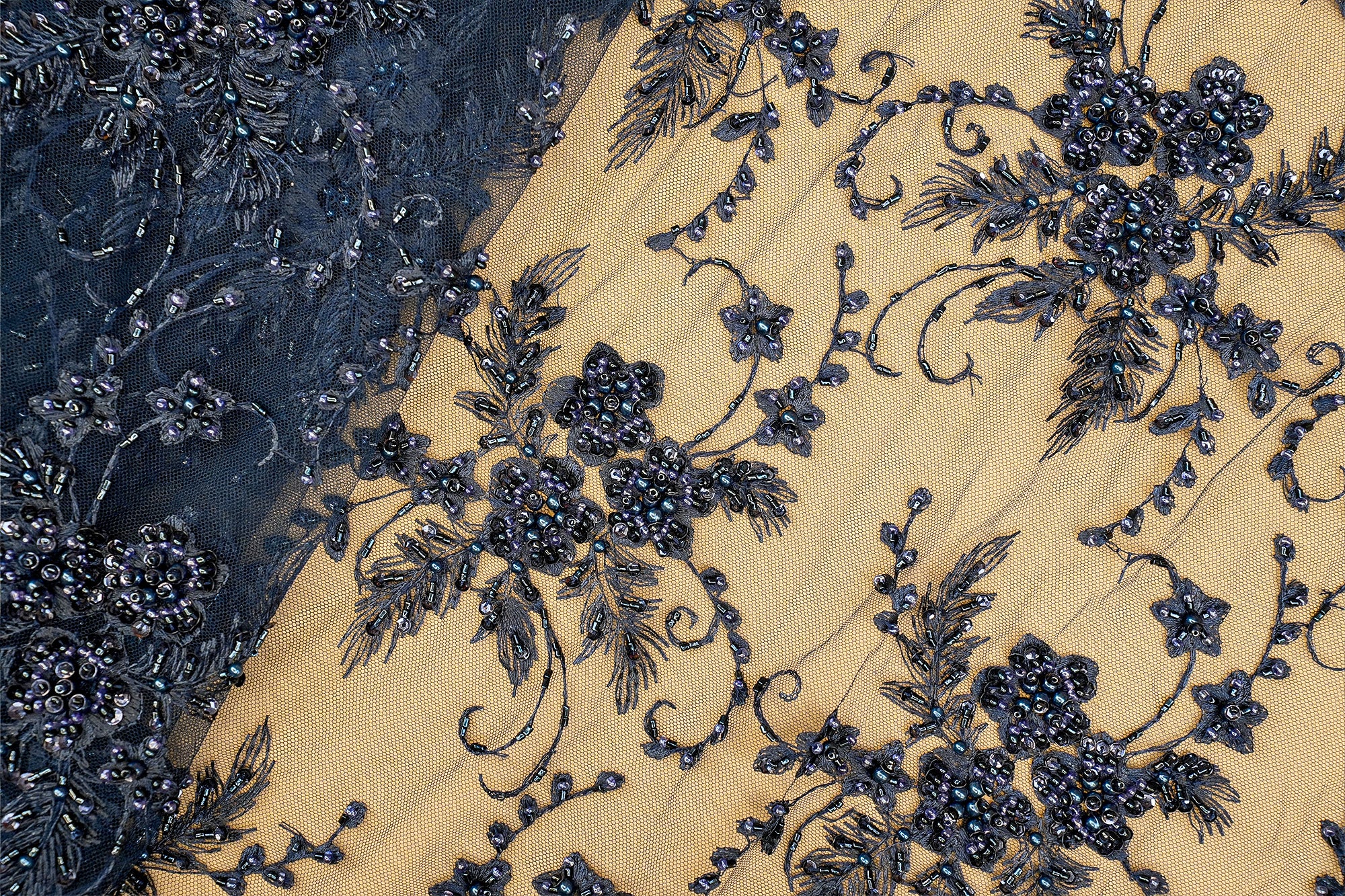 Navy Blue Imported Net Floral Elegance with Thread, Sequins, Beads, and Pearls