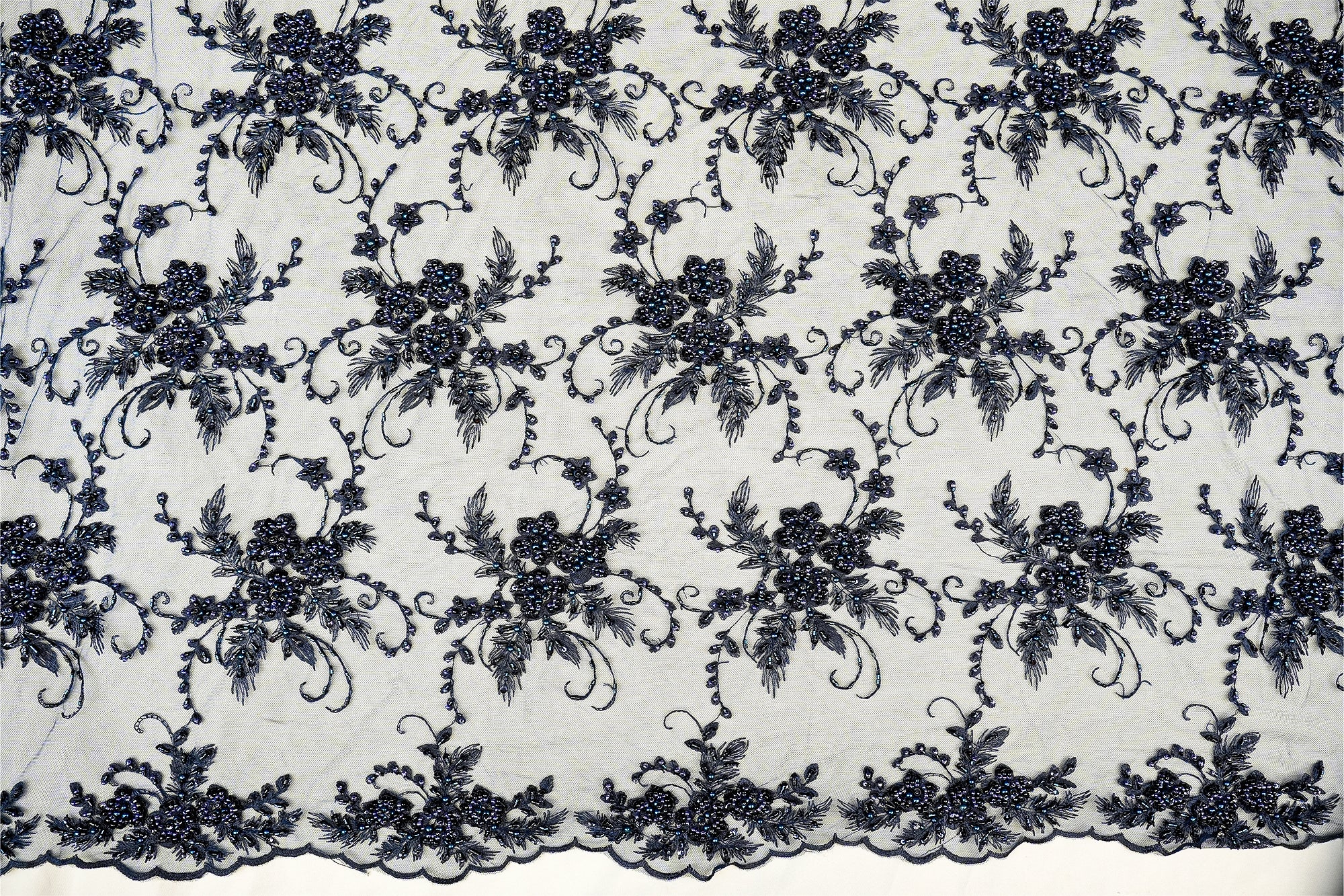 Navy Blue Imported Net Floral Elegance with Thread, Sequins, Beads, and Pearls