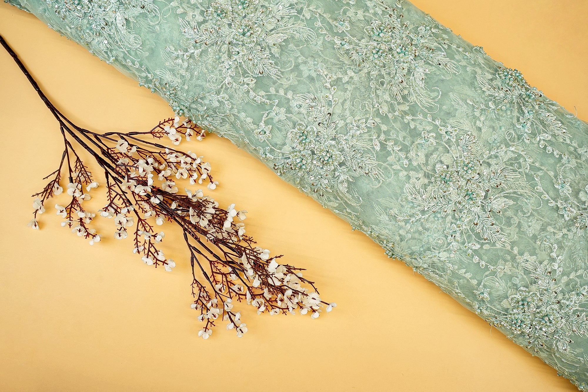 Sea Green Imported Net Floral Elegance with Thread, Sequins, Beads, and Pearls- Paras gallery Fabics