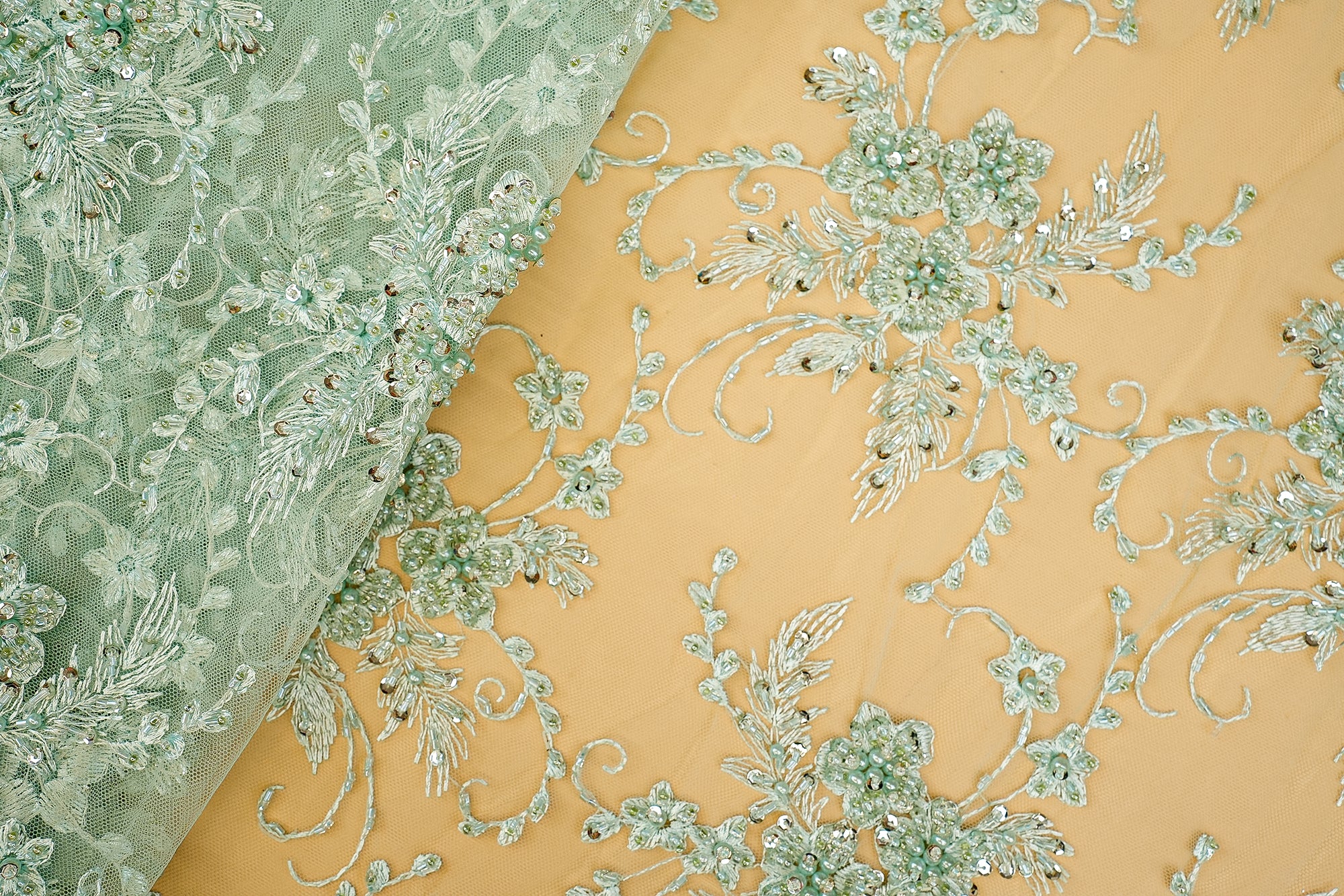 Sea Green Imported Net Floral Elegance with Thread, Sequins, Beads, and Pearls