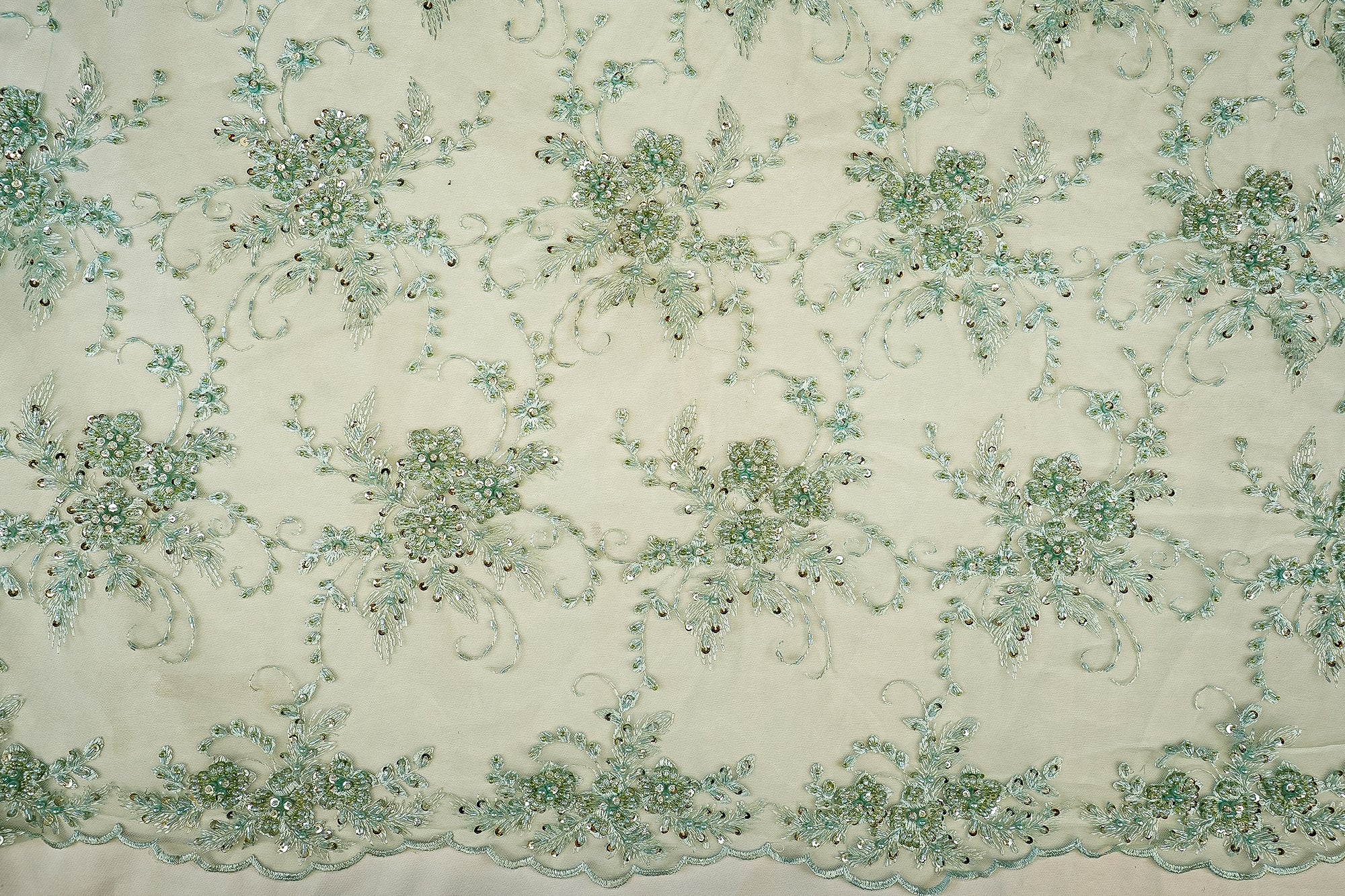 Sea Green Imported Net Floral Elegance with Thread, Sequins, Beads, and Pearls