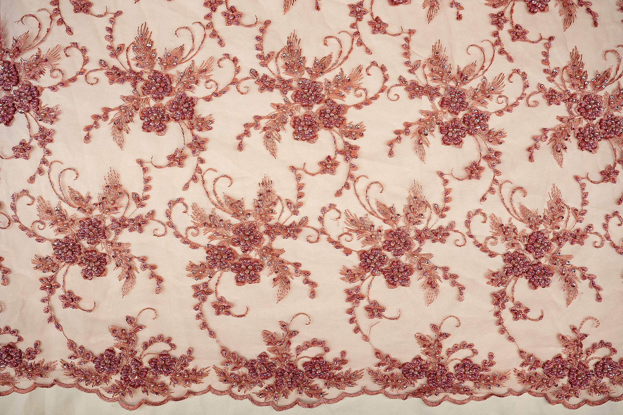 Pink Imported Net Floral Elegance with Thread, Sequins, Beads, and Pearls