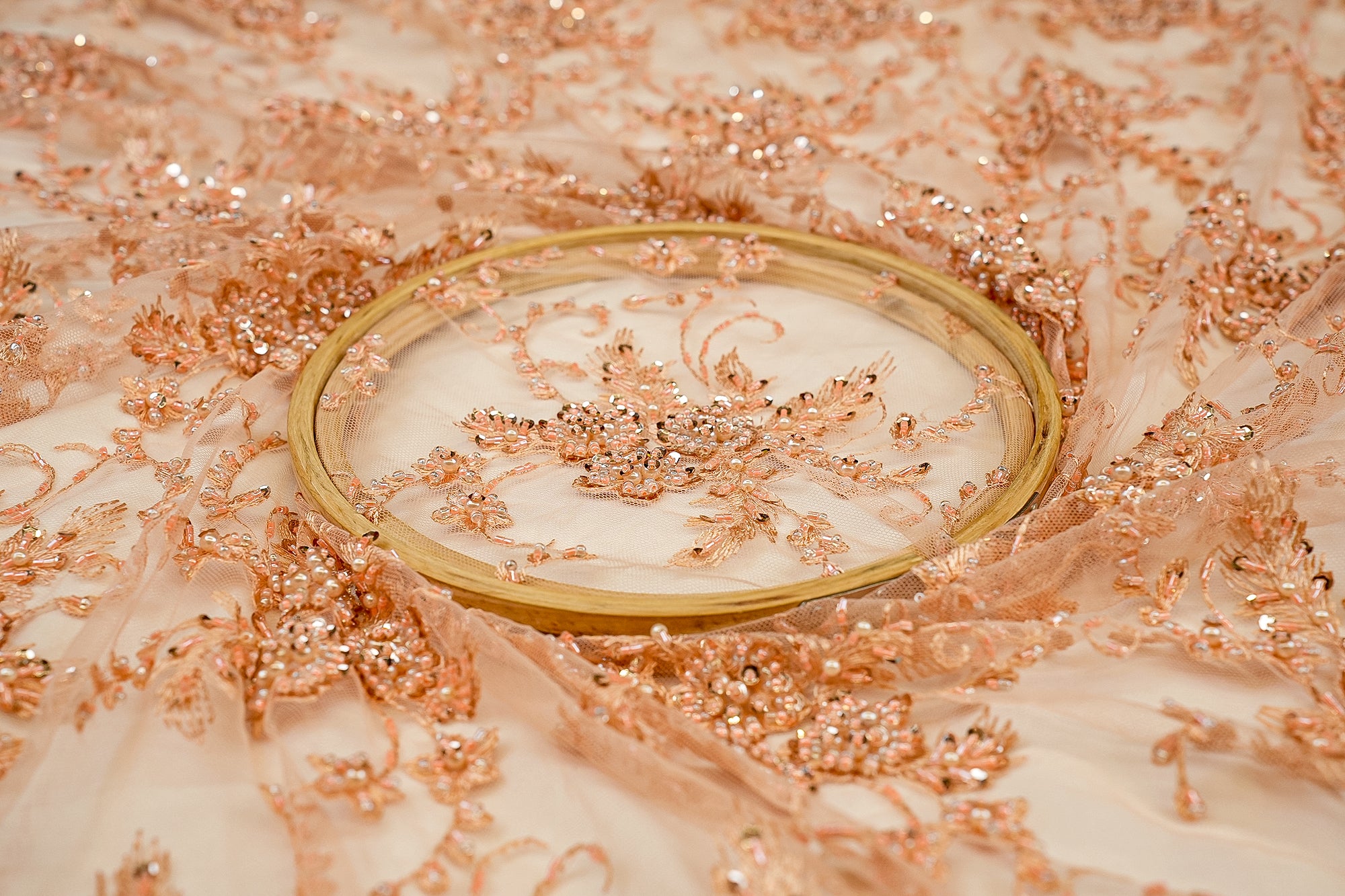 Peach Imported Net Floral Elegance with Thread, Sequins, Beads, and Pearls