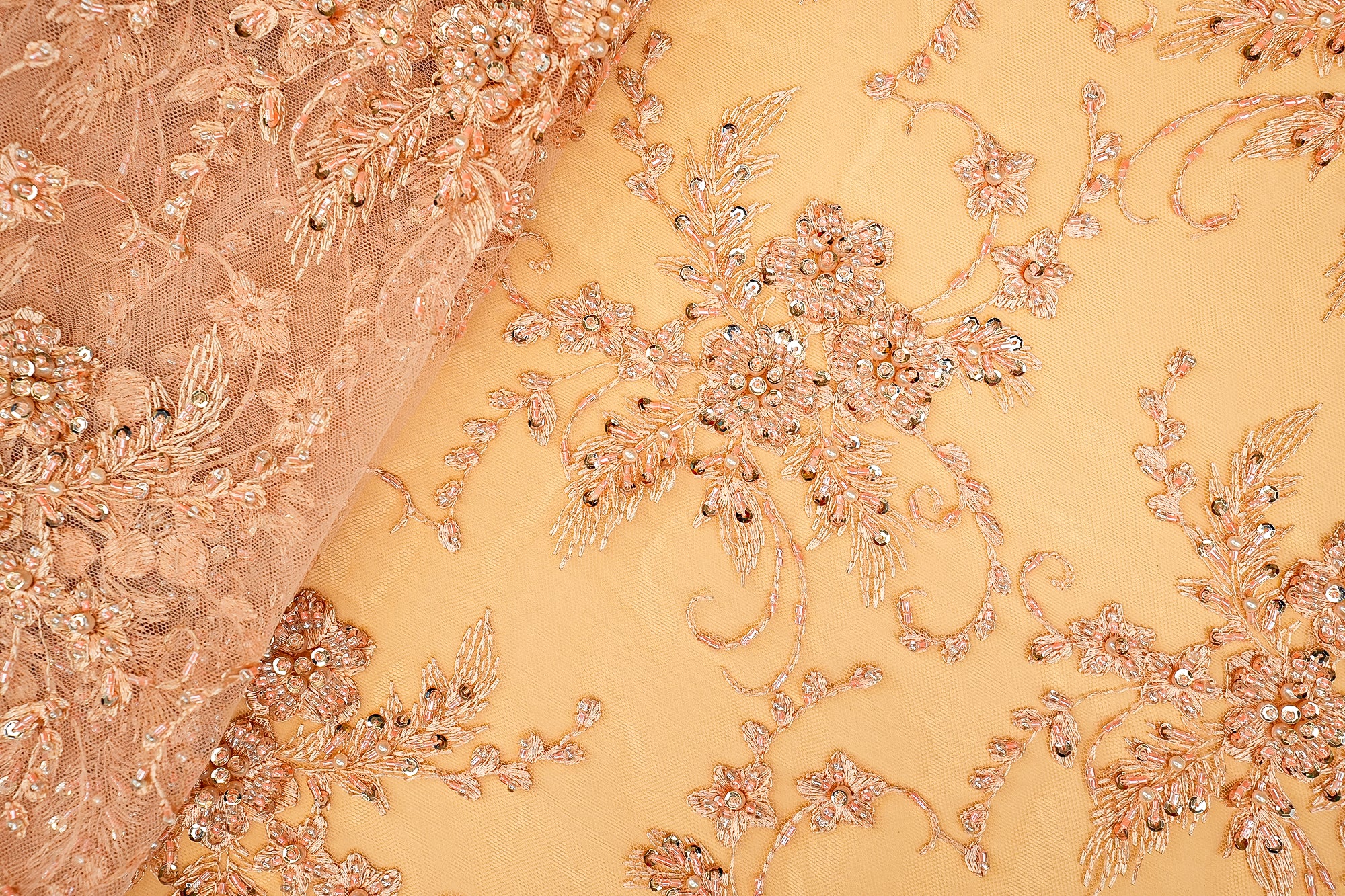 Peach Imported Net Floral Elegance with Thread, Sequins, Beads, and Pearls