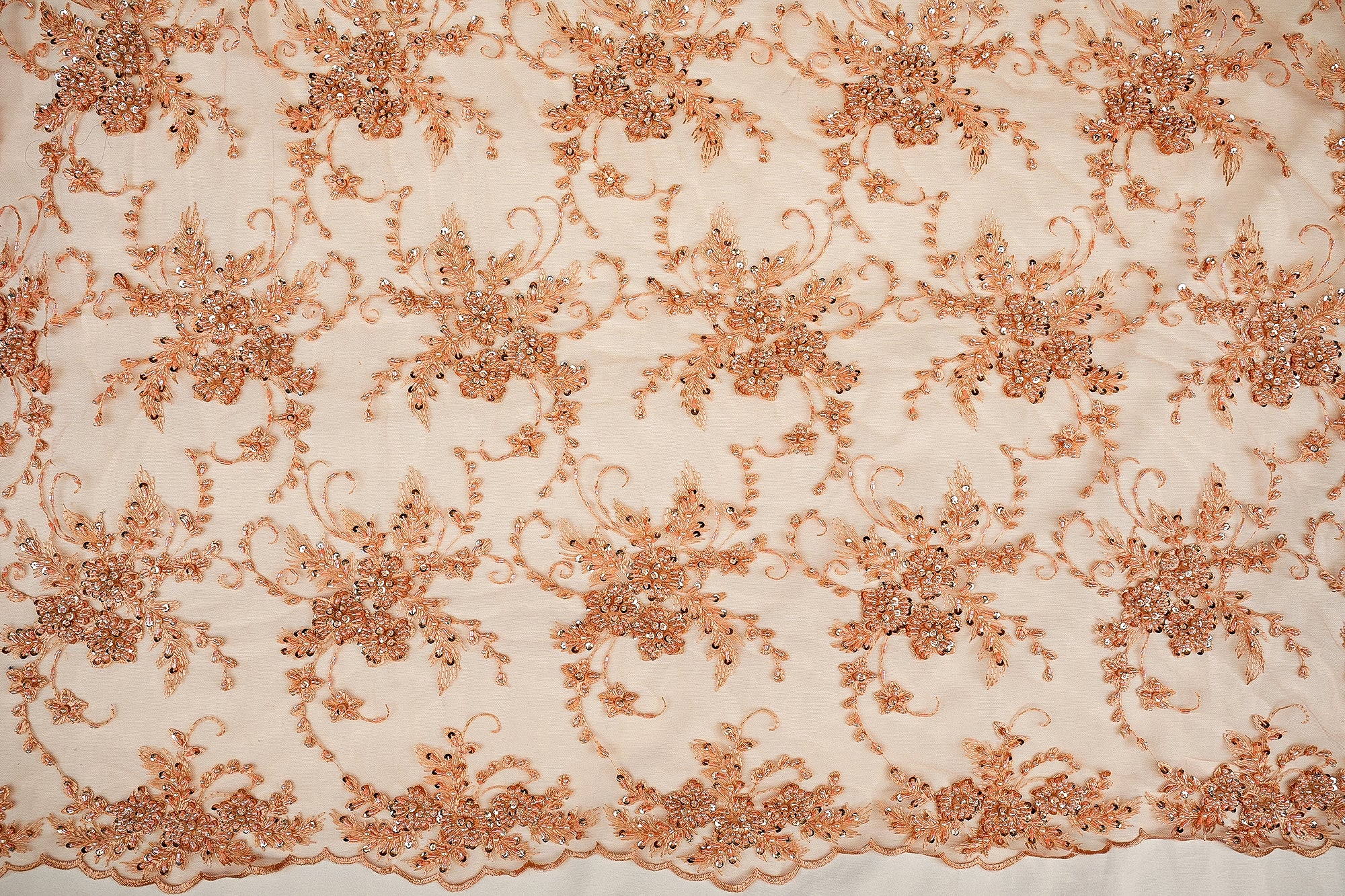 Peach Imported Net Floral Elegance with Thread, Sequins, Beads, and Pearls