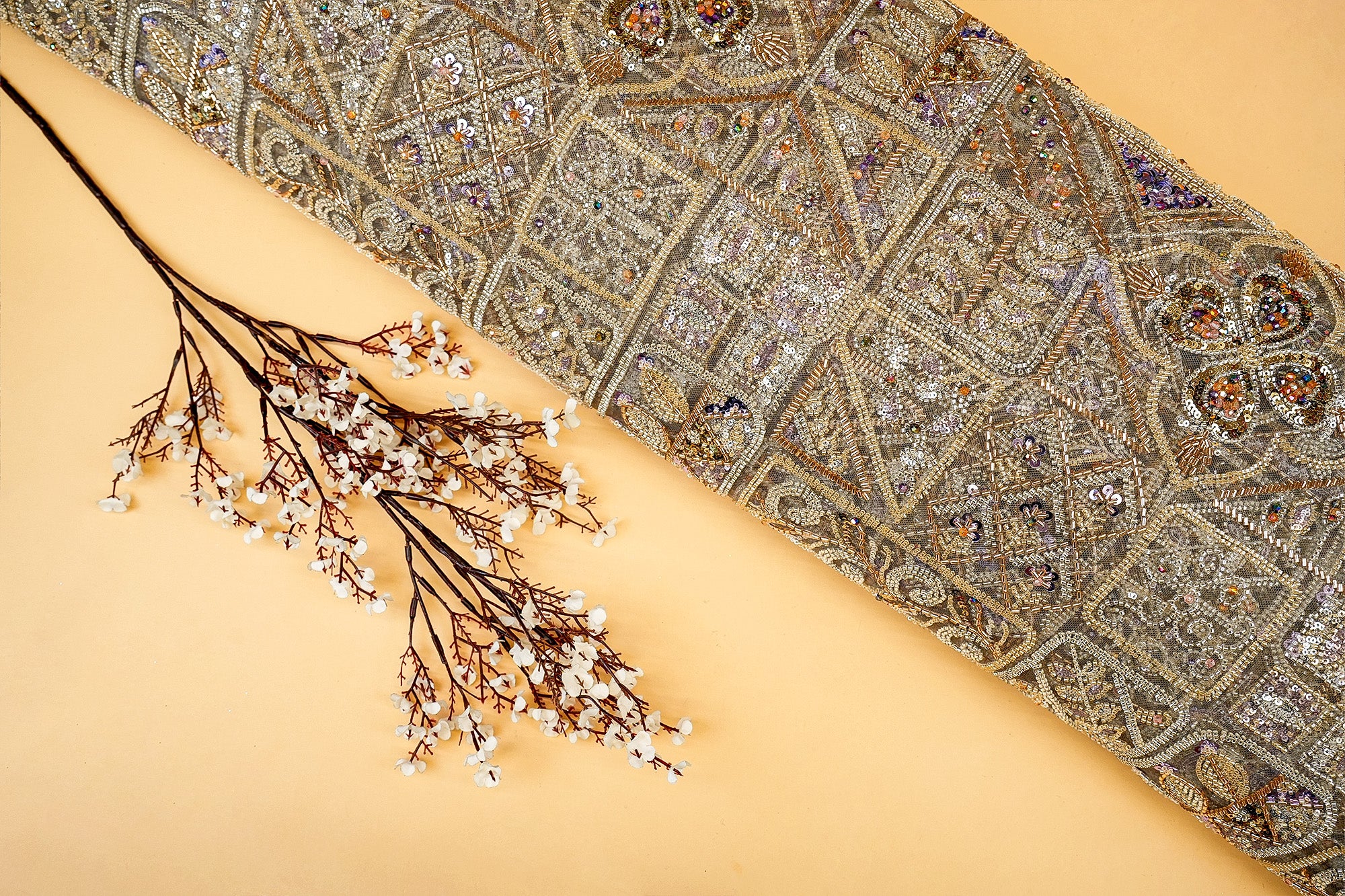 Grey Imported Net Fabric with Colorful Sequins, Beads, Kutdana, and Pearls- Paras gallery Fabics