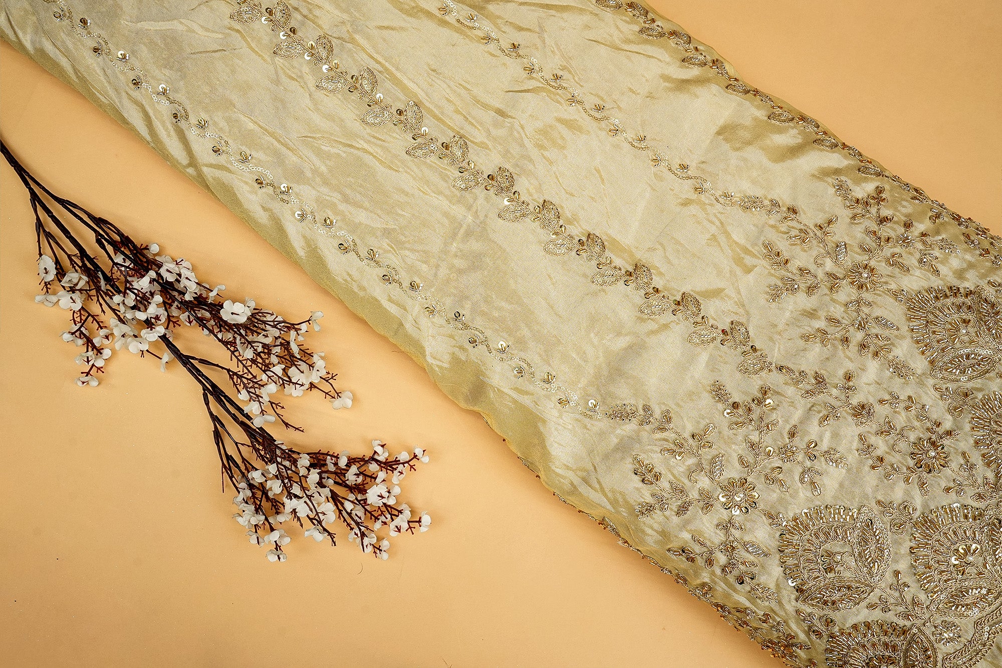Opulent Tissue with Threadwork, Sequins, Pearls, Beads, Zari, and Kutd