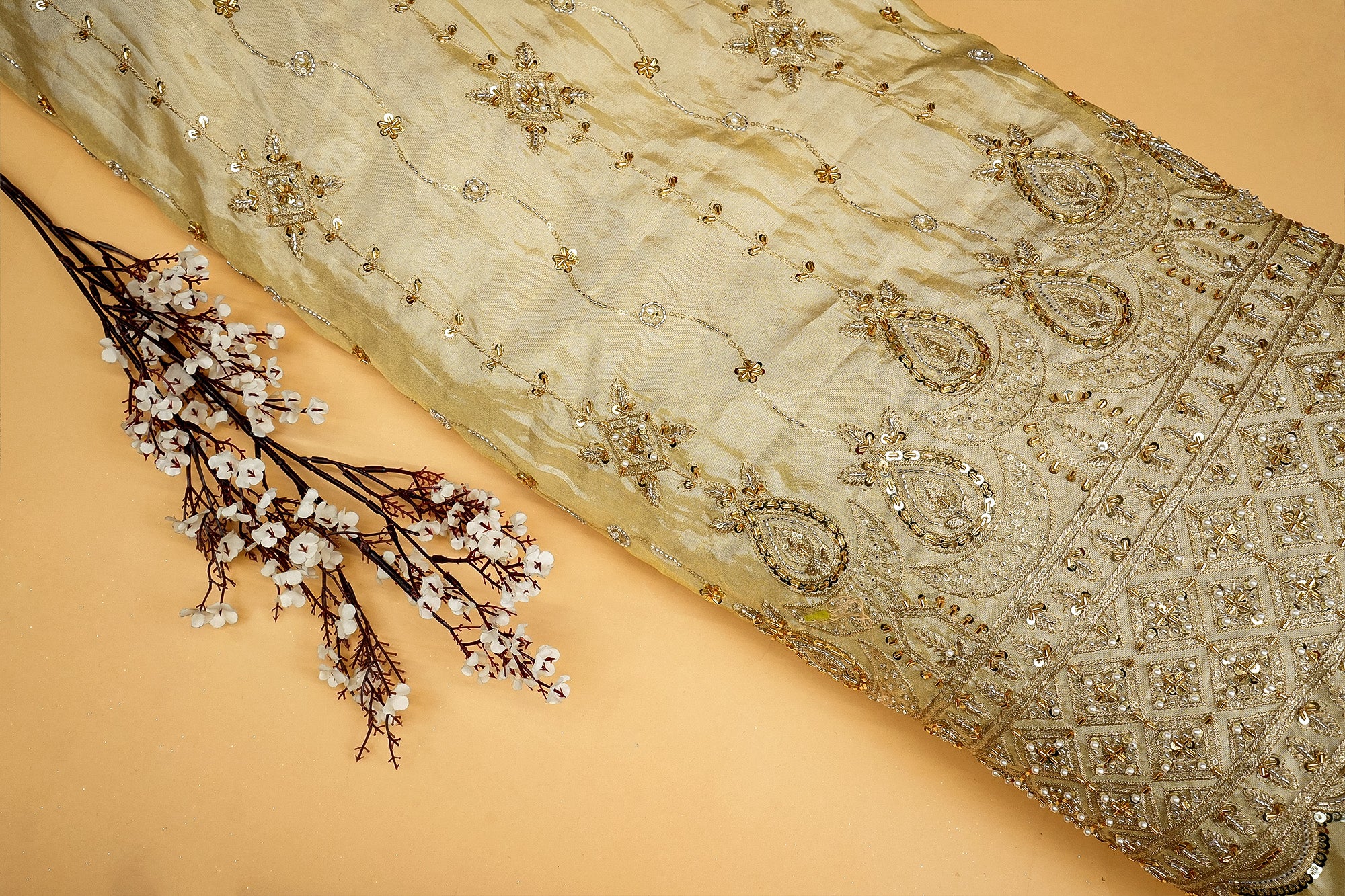 Opulent Tissue with Threadwork, Sequins, Pearls, Beads, Zari, and Kutdana