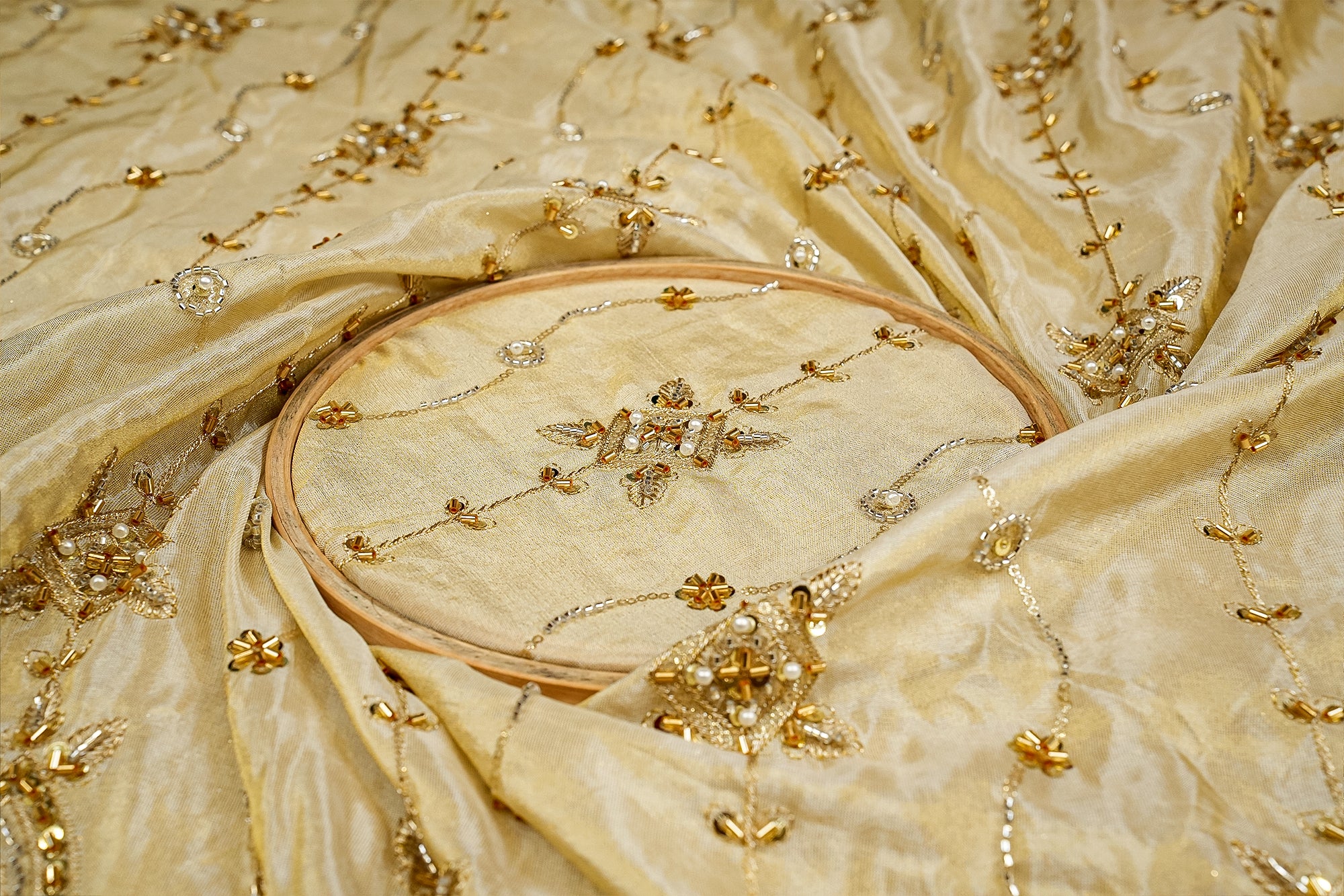 Opulent Tissue with Threadwork, Sequins, Pearls, Beads, Zari, and Kutdana