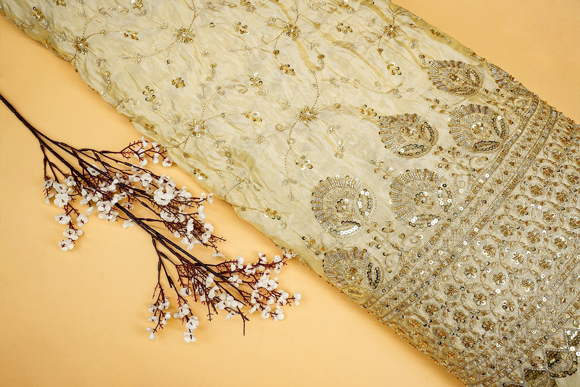 Opulent Tissue with Threadwork, Sequins, Pearls, Beads, Zari, and Kutdana-Paras Gallery Fabrics